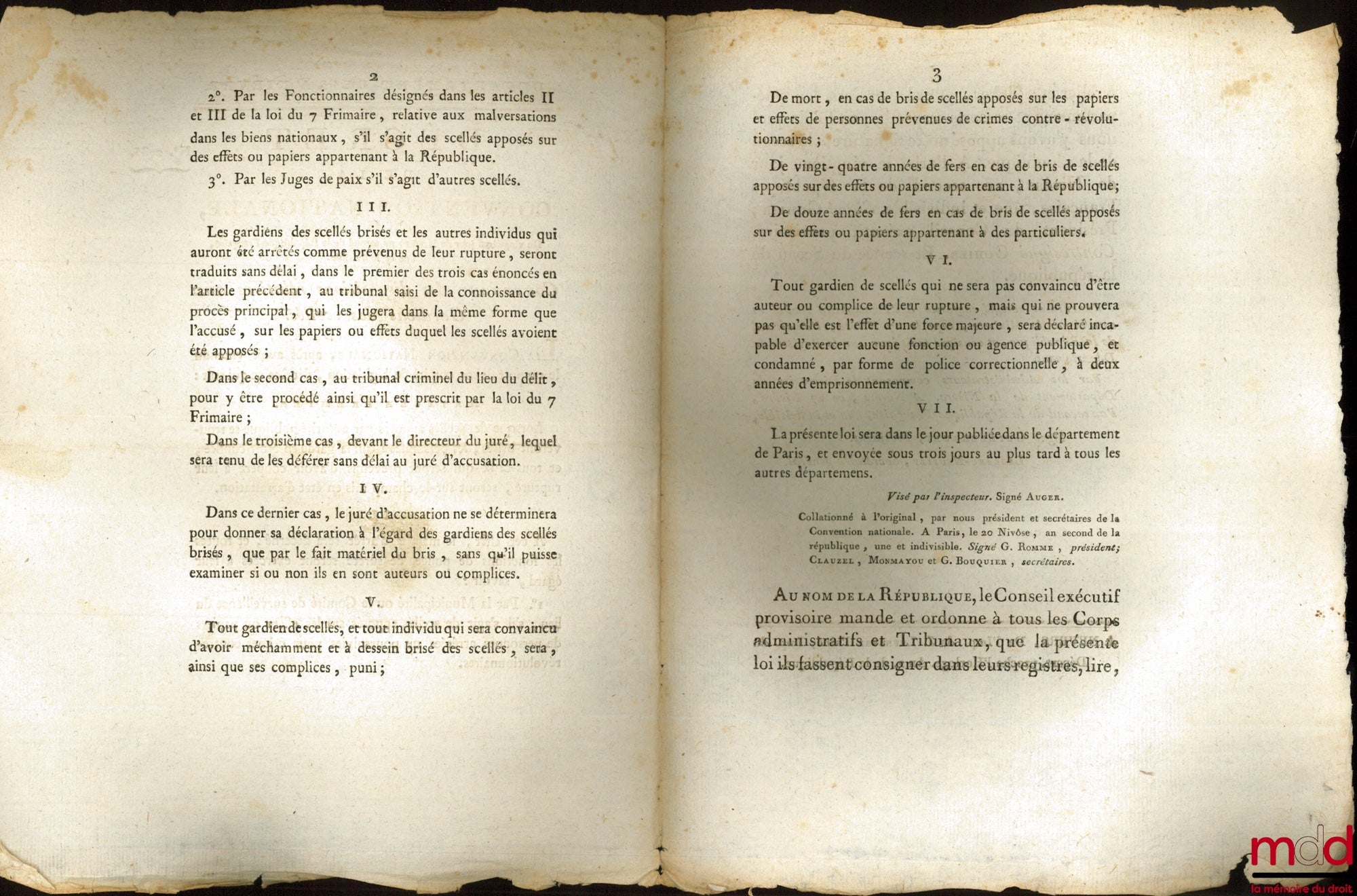 [Organisation judiciaire] – Décret de la Convention nationale, du 20ème jour de Nivôse , an second de la République Française, une et indivisible, Contenant des disposition relatives aux Gardiens des scellés. Signé Gohier. Département de la Nièvre, bull.