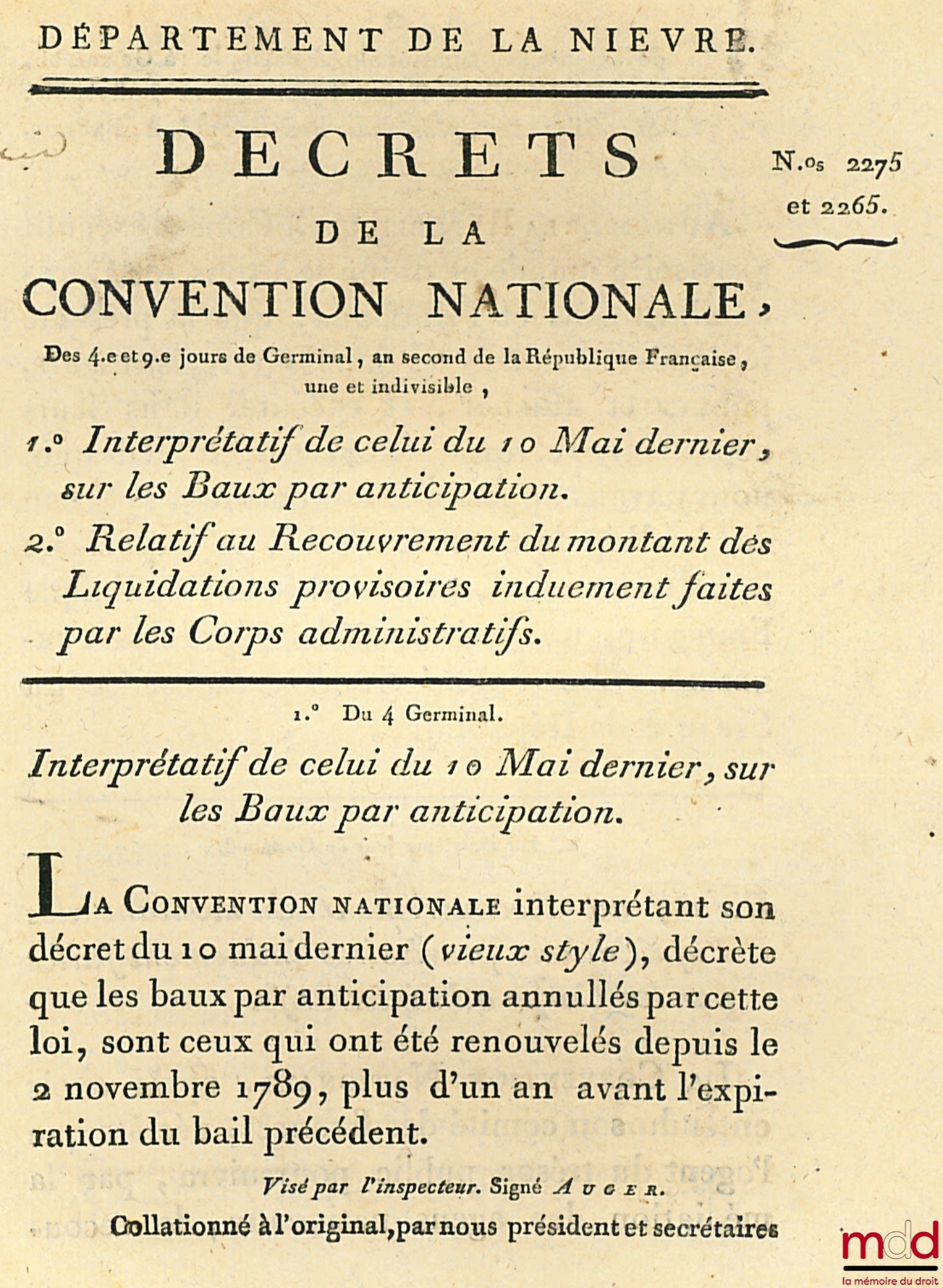 Decrees of the National Convention of the 4th and 9th days of Germinal, year two of the French Republic, one and indivisible, 1° Interpretive of that of May 10th last, on Leases by Anticipation, 2° Relating to the Recovery of the amount of Liquidation