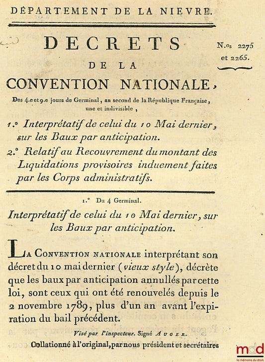 Decrees of the National Convention of the 4th and 9th days of Germinal, year two of the French Republic, one and indivisible, 1° Interpretive of that of May 10th last, on Leases by Anticipation, 2° Relating to the Recovery of the amount of Liquidation