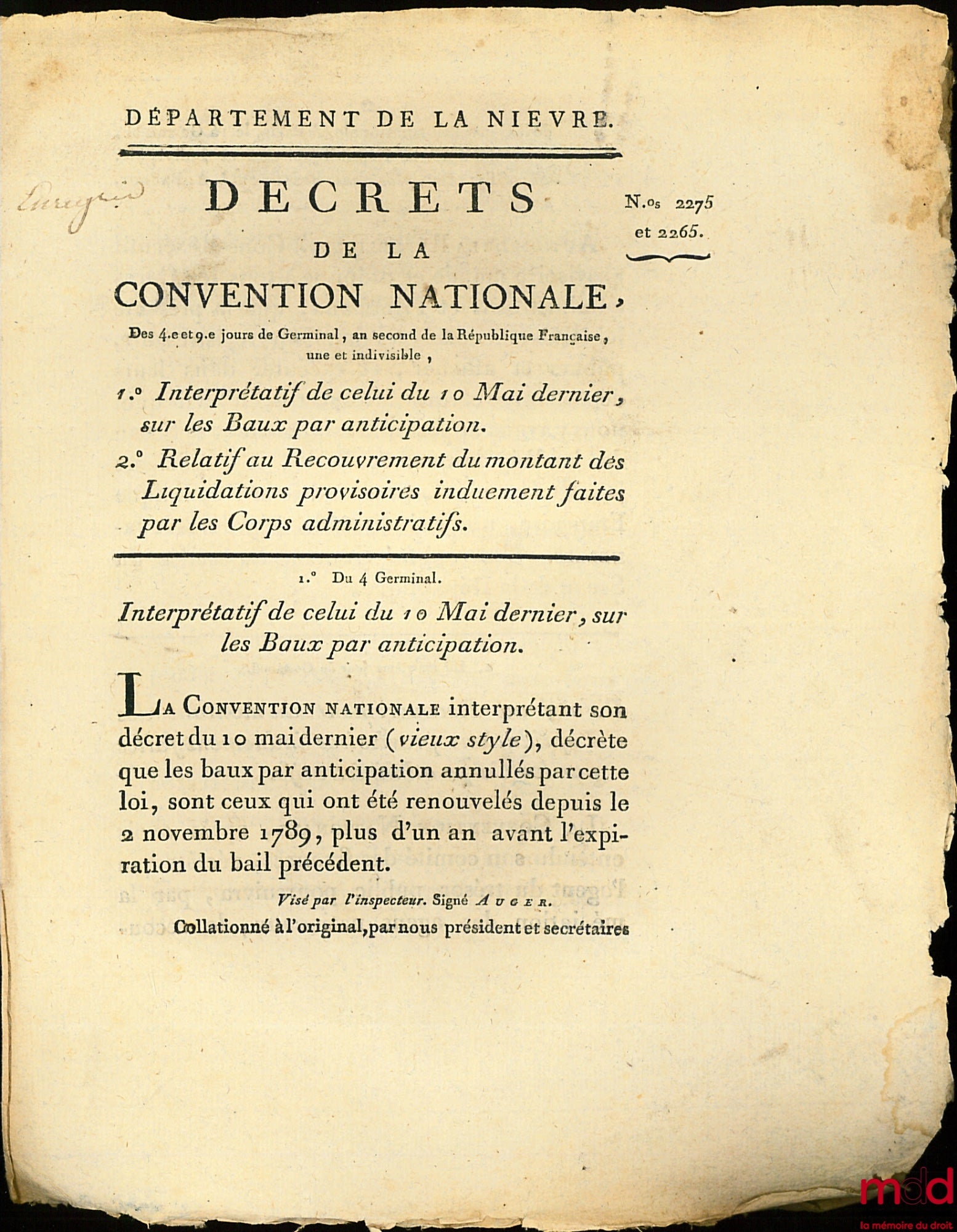 Decrees of the National Convention of the 4th and 9th days of Germinal, year two of the French Republic, one and indivisible, 1° Interpretive of that of May 10th last, on Leases by Anticipation, 2° Relating to the Recovery of the amount of Liquidation