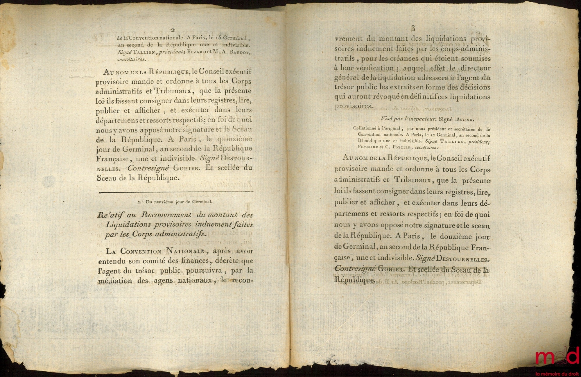 Decrees of the National Convention of the 4th and 9th days of Germinal, year two of the French Republic, one and indivisible, 1° Interpretive of that of May 10th last, on Leases by Anticipation, 2° Relating to the Recovery of the amount of Liquidation