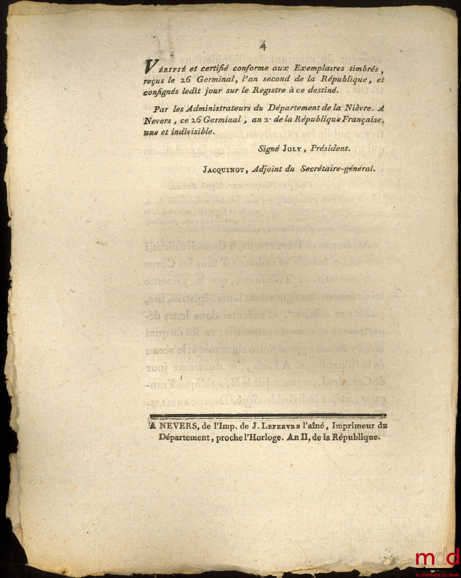 Decrees of the National Convention of the 4th and 9th days of Germinal, year two of the French Republic, one and indivisible, 1° Interpretive of that of May 10th last, on Leases by Anticipation, 2° Relating to the Recovery of the amount of Liquidation