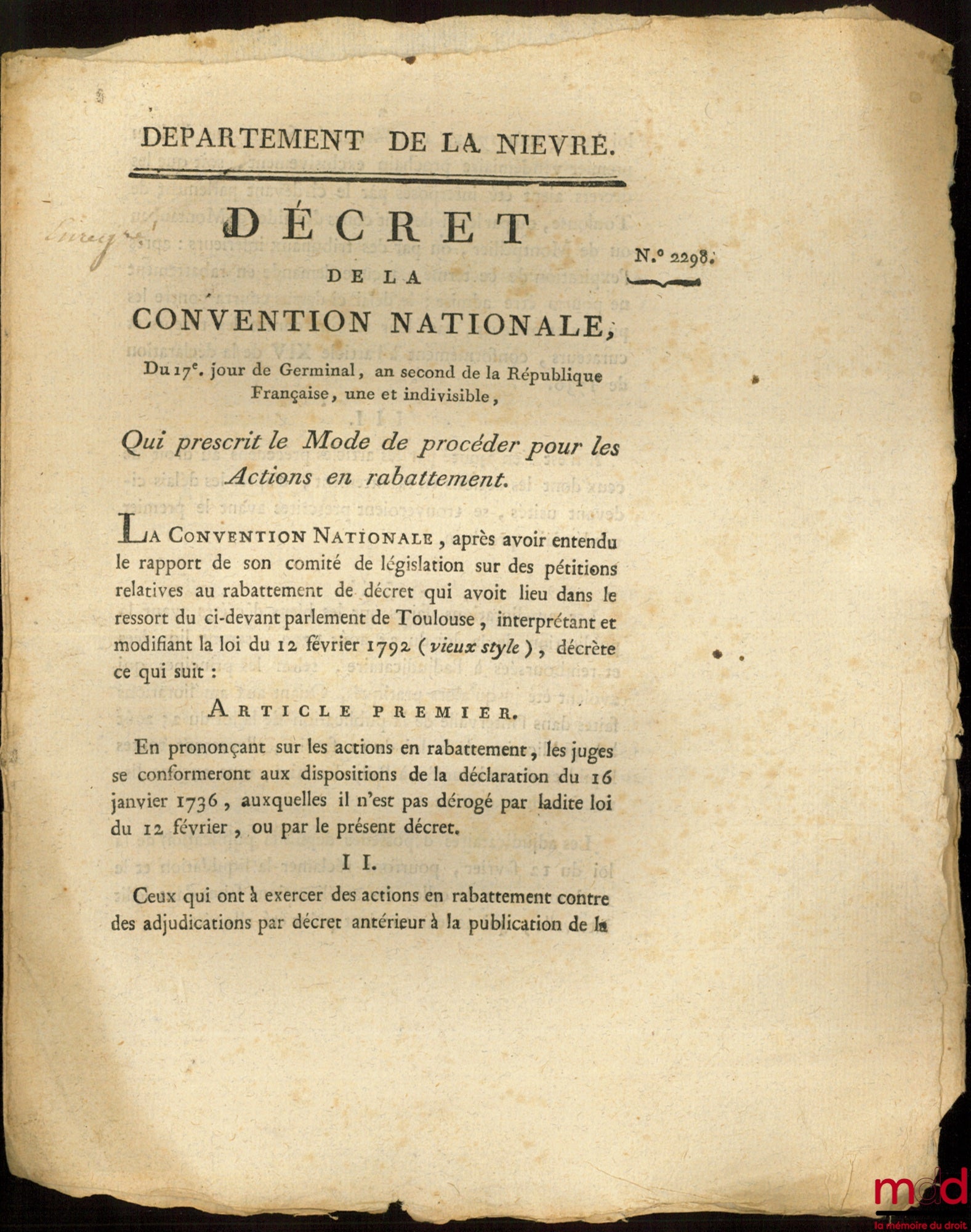 Decree of the National Convention, dated the 17th day of Germinal, year two of the French Republic, one and indivisible, prescribing the procedure for actions for reduction. Signed Bouchot. Department of Nièvre, bulletin no. 2298