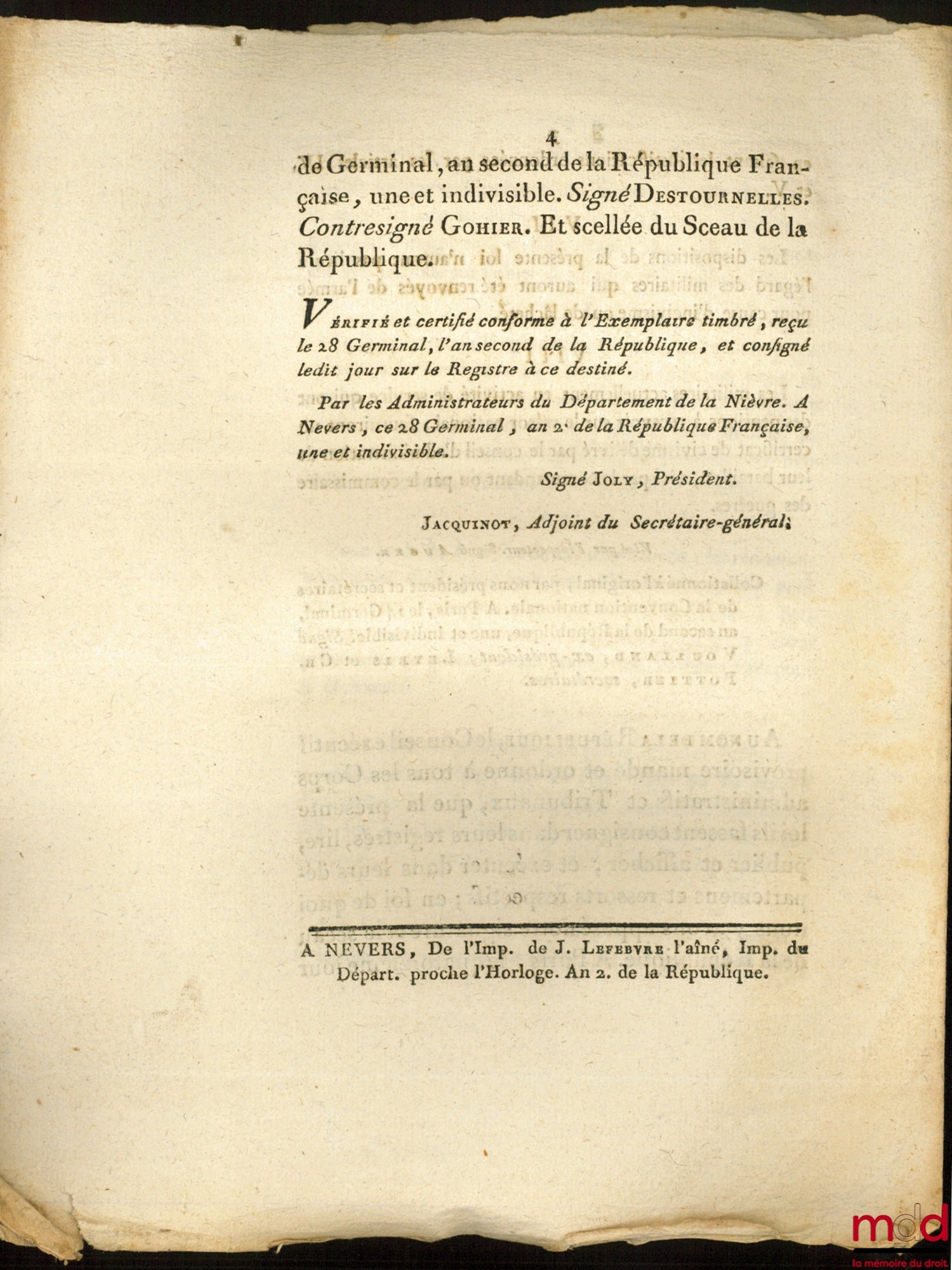 Decree of the National Convention, dated the 13th day of Germinal, year two of the French Republic, one and indivisible, CONCERNING THE DELIVERY OF DEBT CREDIT TO MILITARY PERSONNEL, signed: Destournelles, countersigned: Gohier, bull. no. 2272