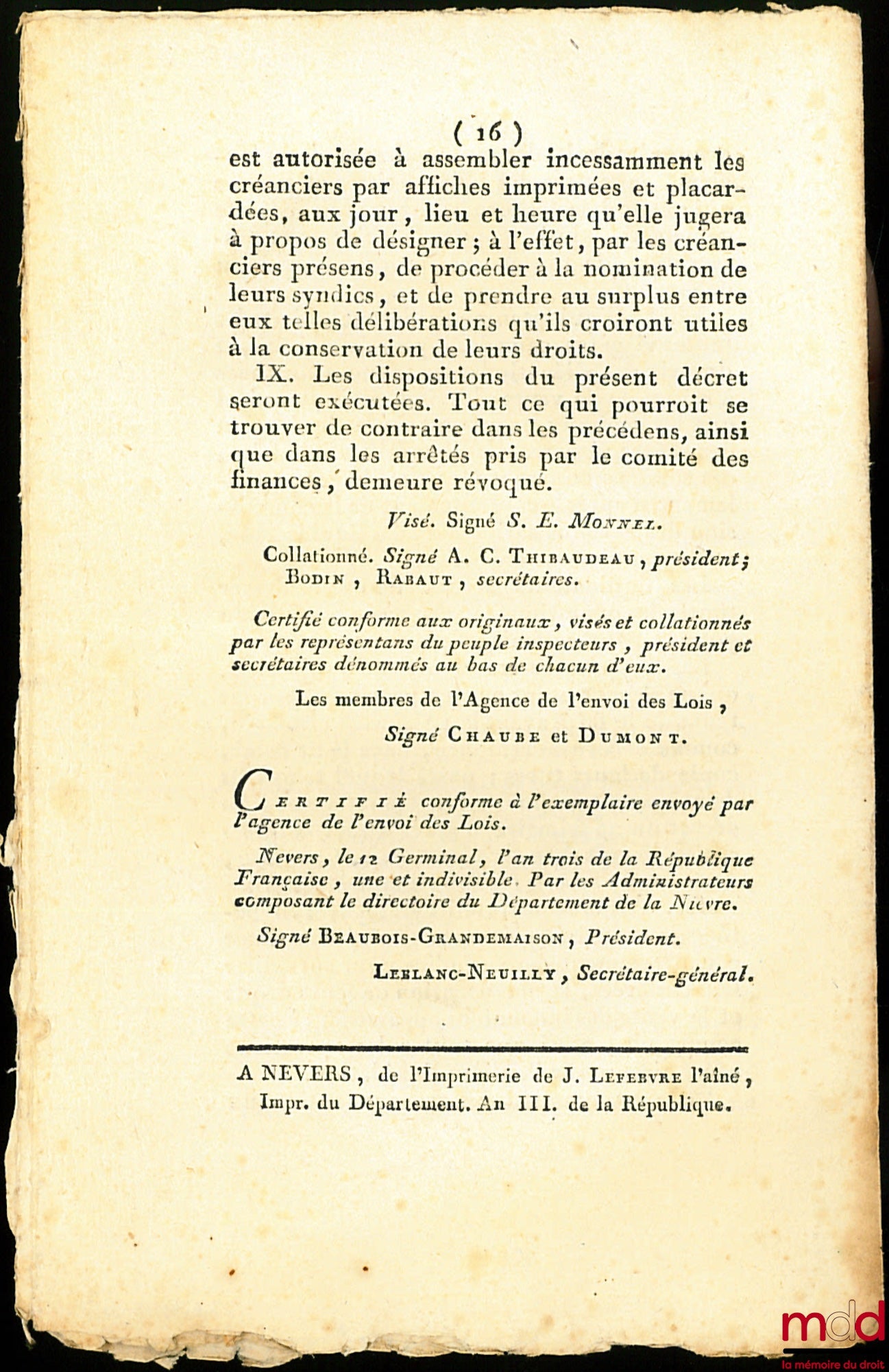 [Fête nationale] – Lois QUI RAPPORTE LES DISPOSITIONS DE CELLE DU 18 FLORÉAL, AN IIe EN CE QUI CONCERNE LA FÊTE À CÉLÉBRER ANNUELLEMENT LE 31 MAI (VIEUX STYLE). Du 19 Ventôse. loi de la République française, An IIIe de la République, une et indivisible, b