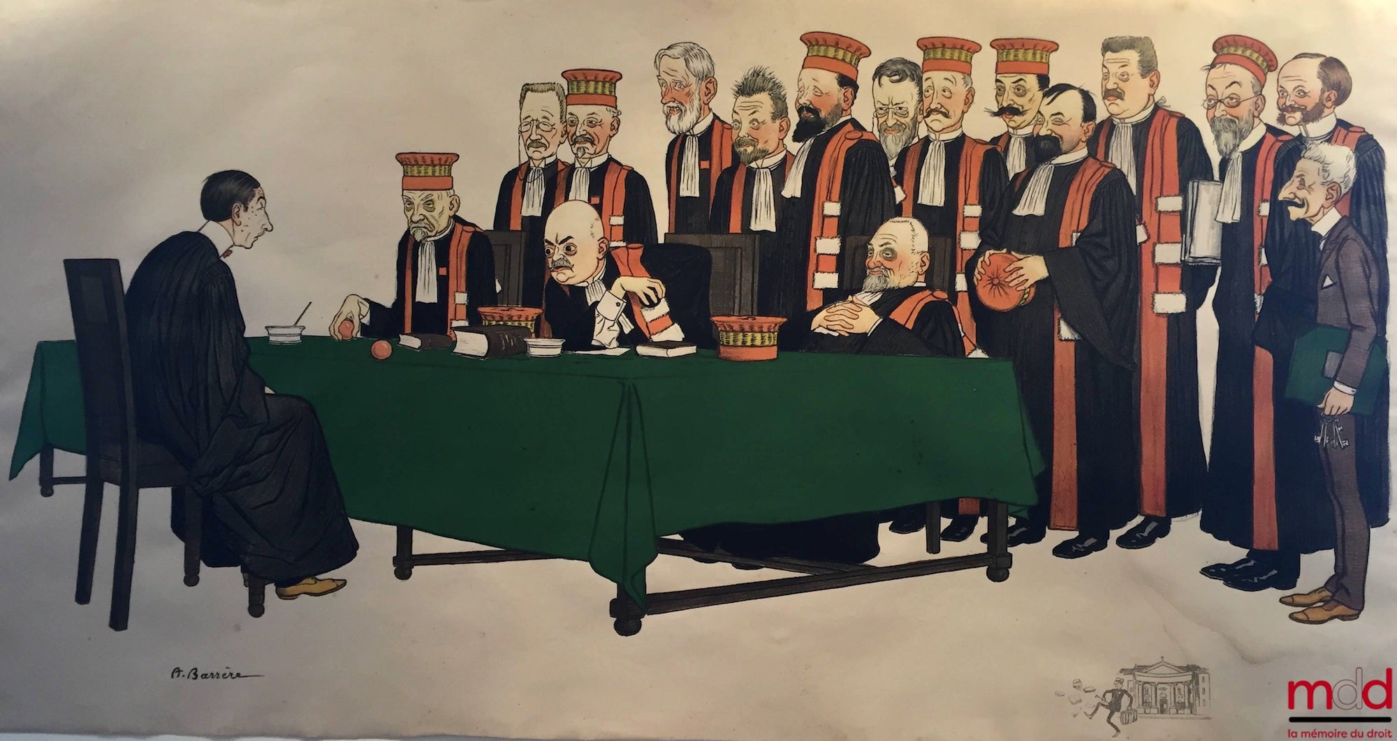 BARRÈRE (Adrien) – LITHOGRAPHIES REHAUSSÉE À LA GOUACHE SUR LE THÈME DES PROFESSEURS À LA FACULTÉ DE DROIT, représentant UN ÉTUDIANT SOUTENANT SA THÈSE DEVANT UN JURY DE PROFESSEURS DE DROIT, Caricature