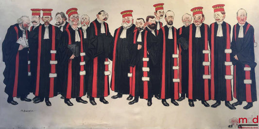 BARRÈRE (Adrien) – LITHOGRAPHIE REHAUSSÉE À LA GOUACHE SUR LE THÈME DES PROFESSEURS À LA FACULTÉ DE DROIT, représentant TOUS LES PROFESSEURS DE DROIT EN « PETIT COSTUME », Caricature
