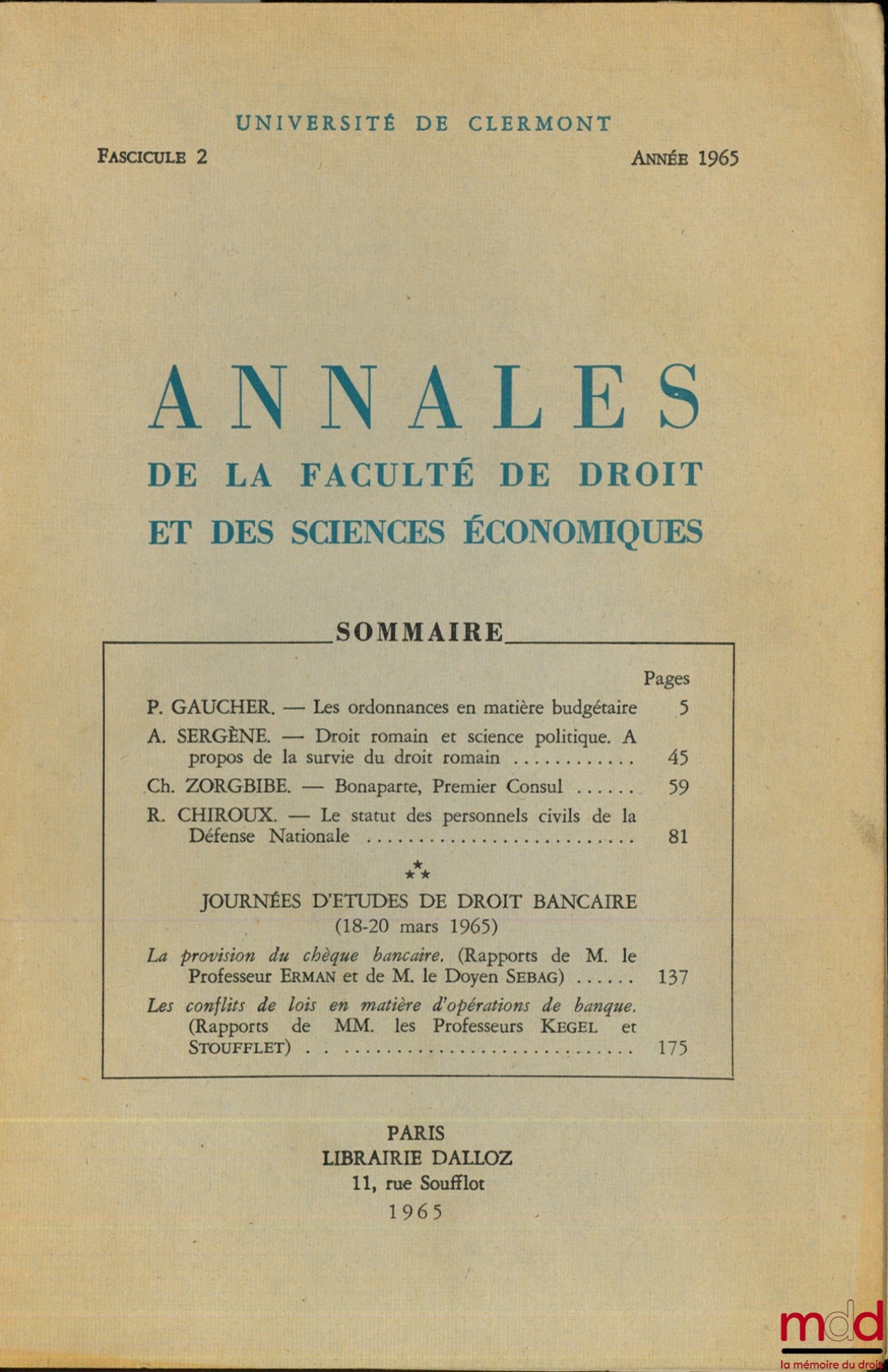 [Collectif] – Annales de la Faculté de droit et des sciences économiques, Université de Clermont, fasc. 2, année 1965