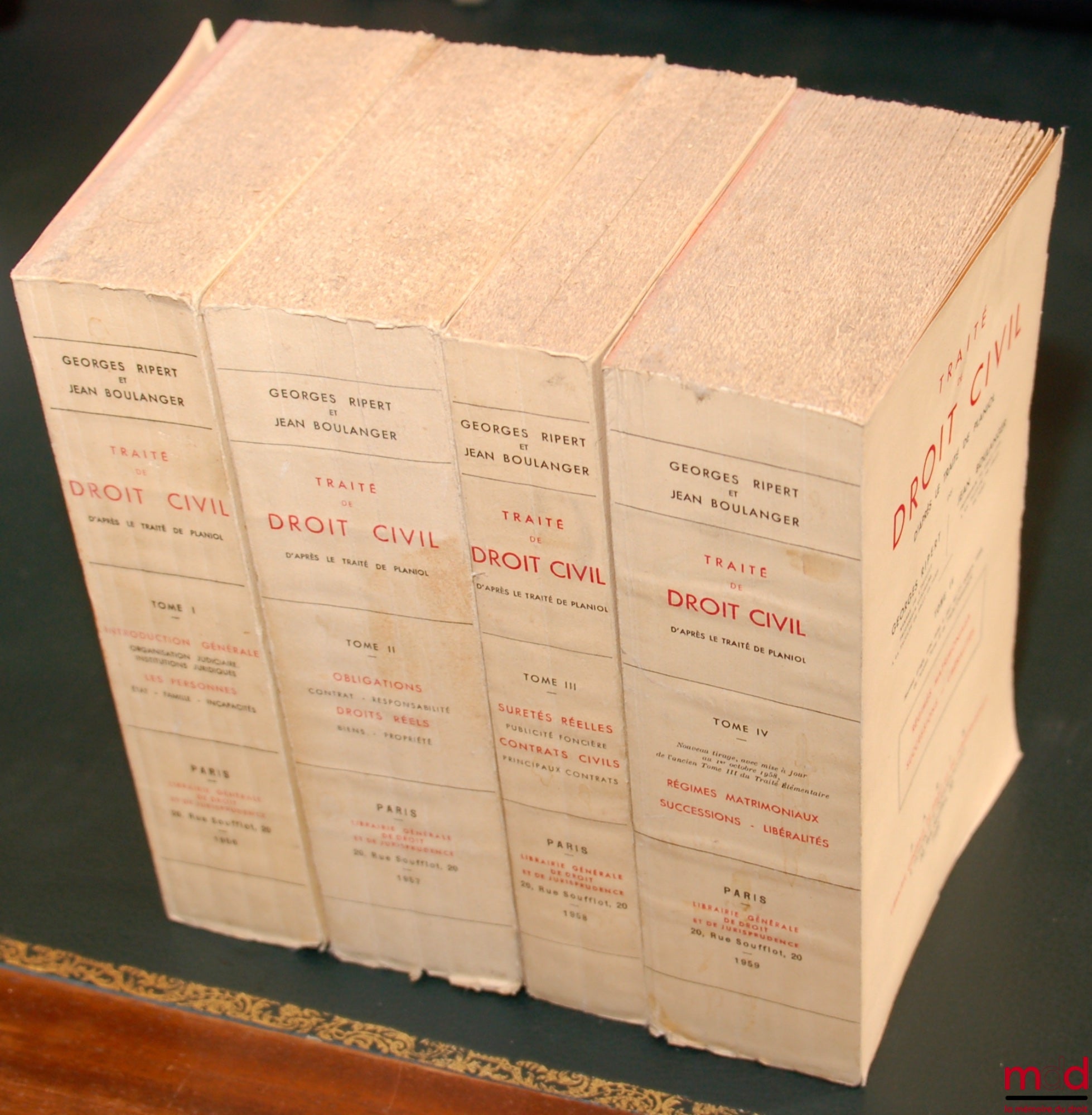 RIPERT (Georges) et BOULANGER (Jean) – TRAITÉ DE DROIT CIVIL D’APRÈS LE TRAITÉ DE PLANIOL, t. I : Introduction générale, Organisation judiciaire, Institutions juridiques ; Les personnes, État, Famille, Incapacités ; t. II : Obligations, Contrat, Responsab