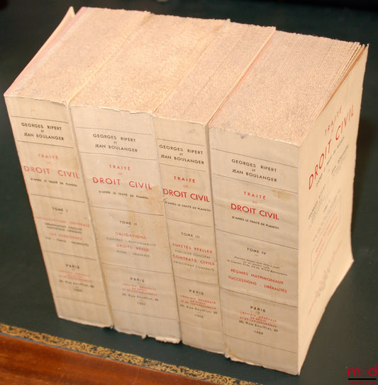 RIPERT (Georges) et BOULANGER (Jean) – TRAITÉ DE DROIT CIVIL D’APRÈS LE TRAITÉ DE PLANIOL, t. I : Introduction générale, Organisation judiciaire, Institutions juridiques ; Les personnes, État, Famille, Incapacités ; t. II : Obligations, Contrat, Responsab
