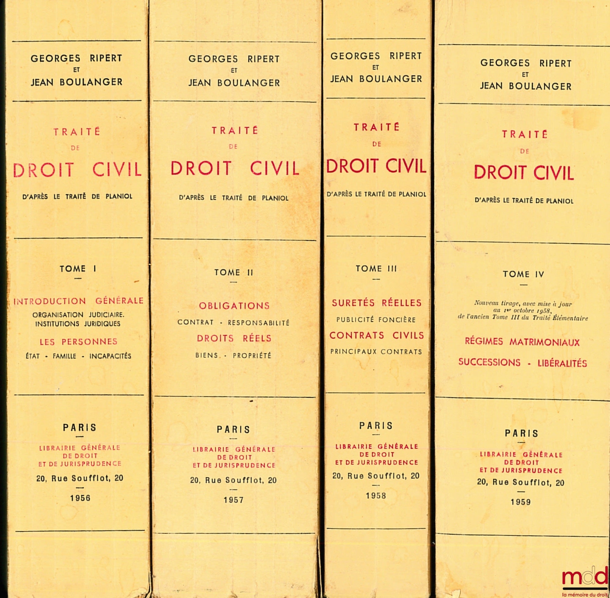 RIPERT (Georges) et BOULANGER (Jean) – TRAITÉ DE DROIT CIVIL D’APRÈS LE TRAITÉ DE PLANIOL, t. I : Introduction générale, Organisation judiciaire, Institutions juridiques ; Les personnes, État, Famille, Incapacités ; t. II : Obligations, Contrat, Responsab