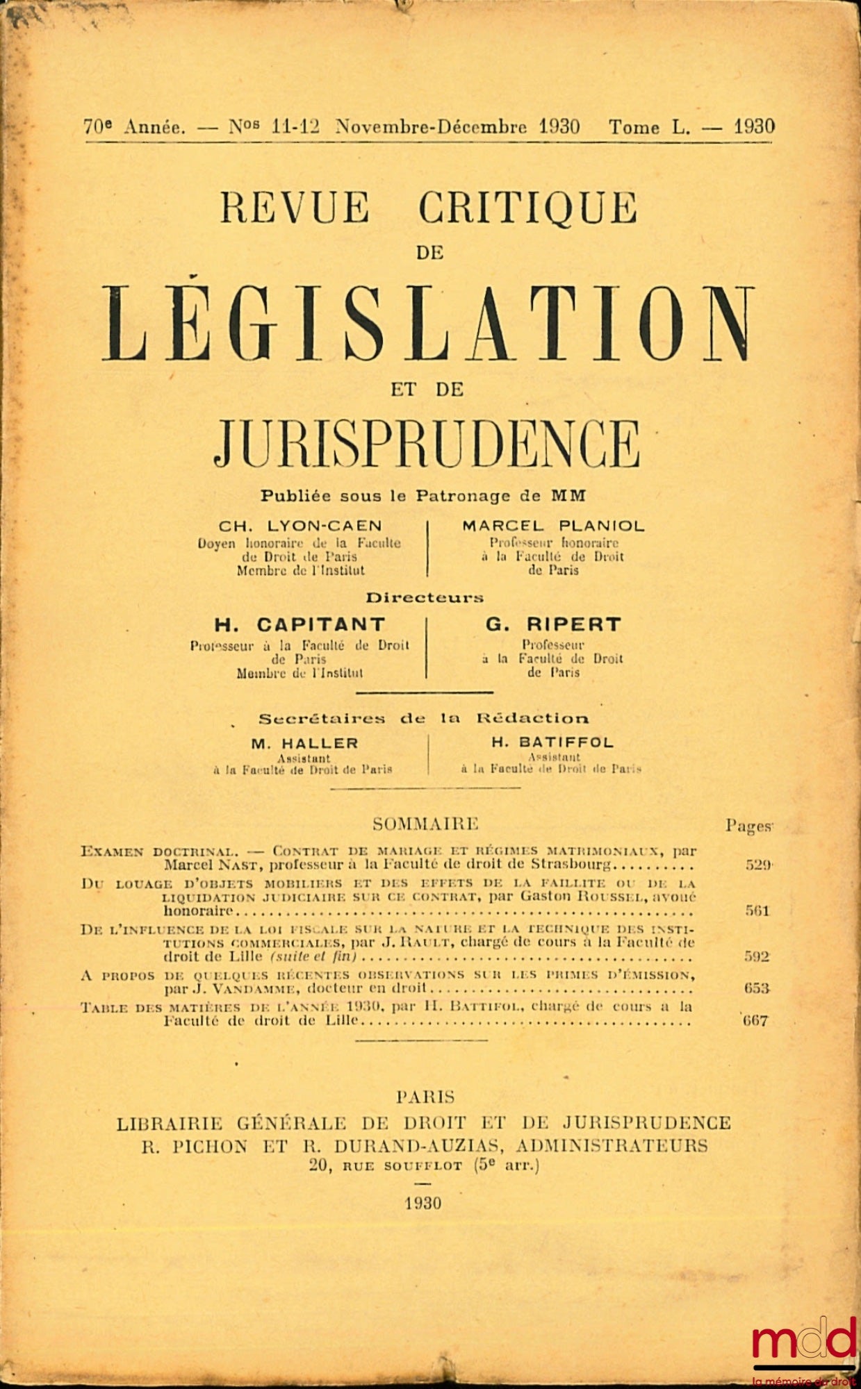 REVUE CRITIQUE DE LÉGISLATION ET DE JURISPRUDENCE n° 11-12, t. L, 1930