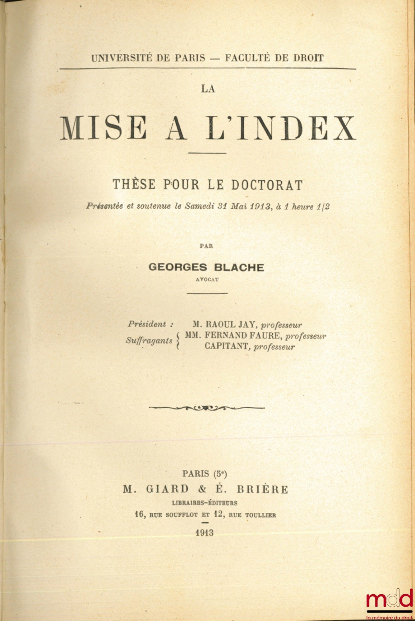 BLACHE (Georges) – LA MISE À L’INDEX, Université de paris, Faculté de droit (Thèse)