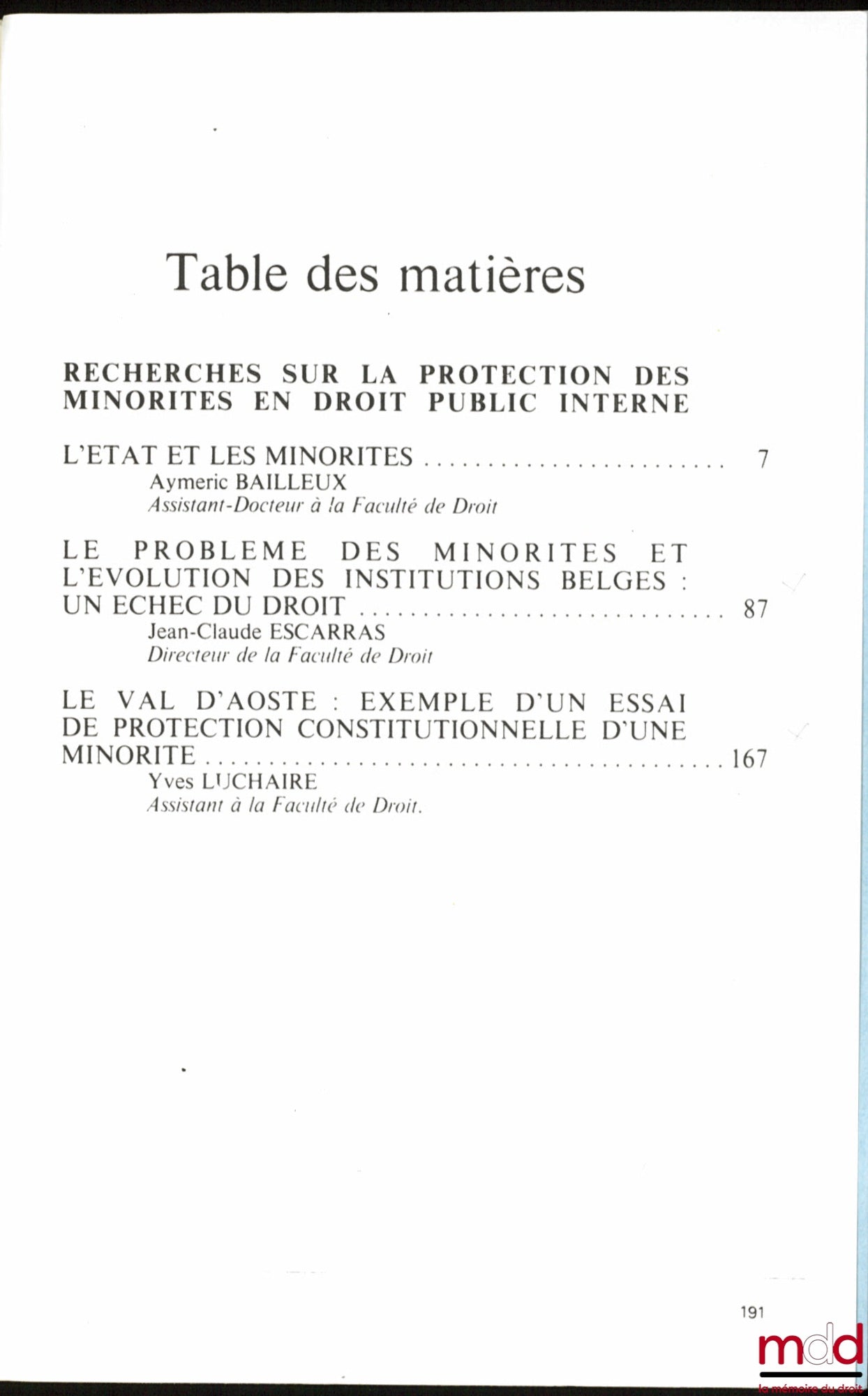 [Les minorités] – ANNALES DE LA FACULTÉ DE DROIT DE L’UNIVERSITÉ DE TOULON ET DU VAR, n° 1, année 1976
