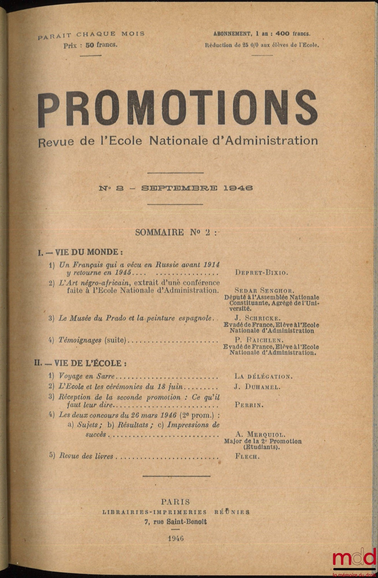 [E.N.A.] – REVUE DE L’ÉCOLE NATIONALE D’ADMINISTRATION / PROMOTIONS, du n° 1 (mai 1946) au n° 99 (1976)