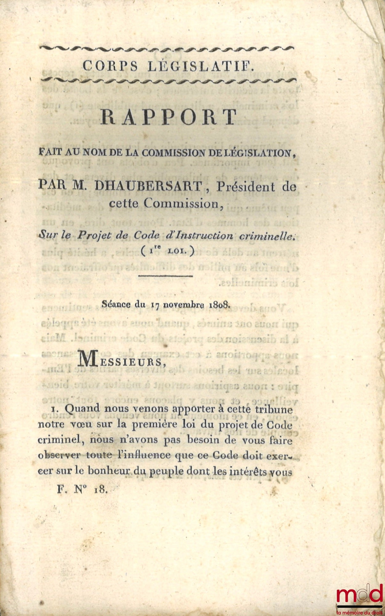 [Projet de Code d’Instruction Criminelle] – ENSEMBLE DE 20 BULLETINS DES LOIS : Extrait du registre des délibérations du Conseil d’État, Du Projet de Loi intitulé : Code d’instruction criminelle (Livre Ier, chapitre 1 à 8), Séance du 5 nov. 1808, [70 p.] 