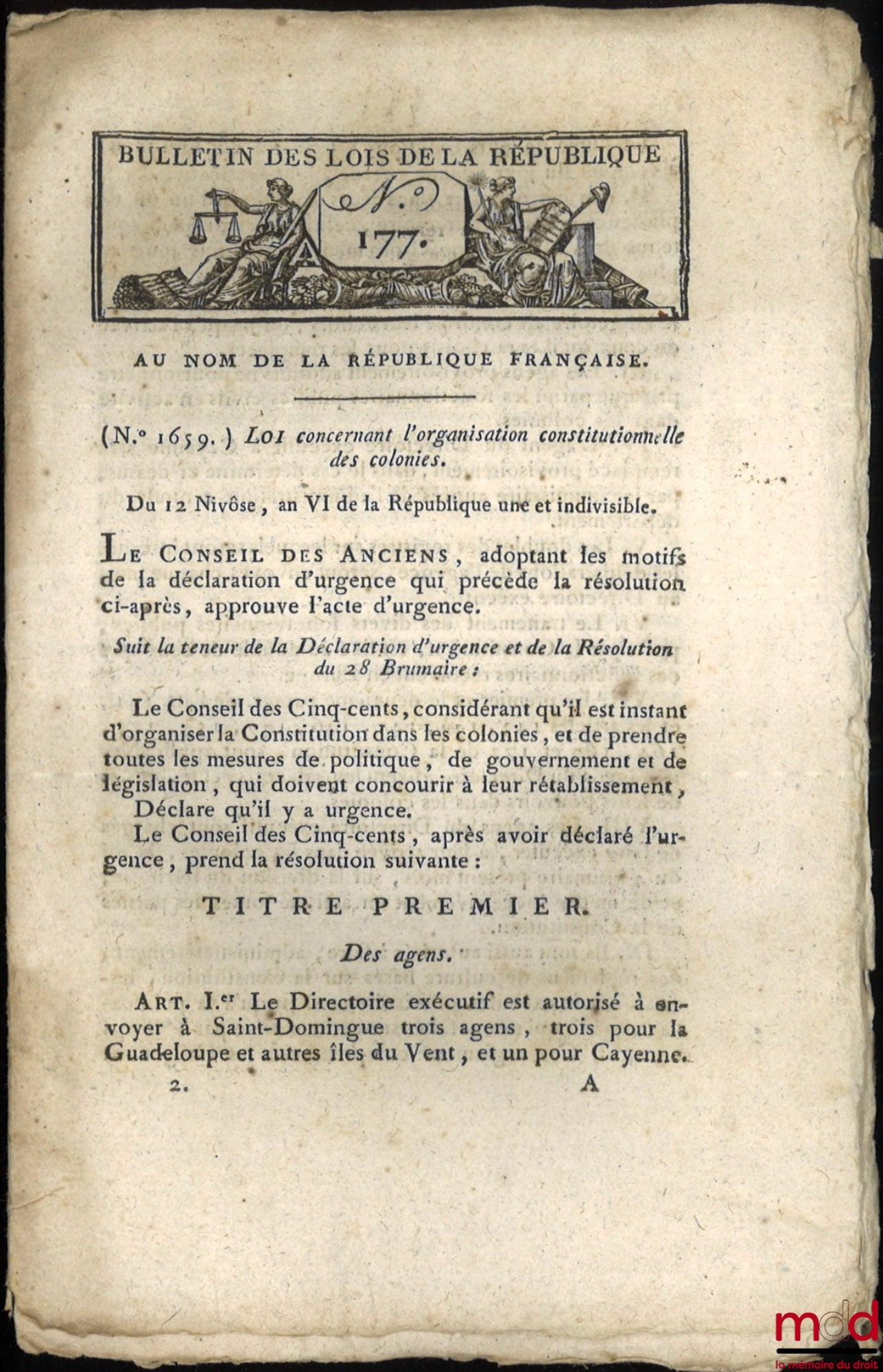 [Organisation constitutionnelle des colonies] – BULLETIN DES LOIS : Bulletin des lois de la République n° 177, Loi concernant l’organisation constitutionnelle des colonies (n° 1659), 12 nivôse An VI, [24 p.]