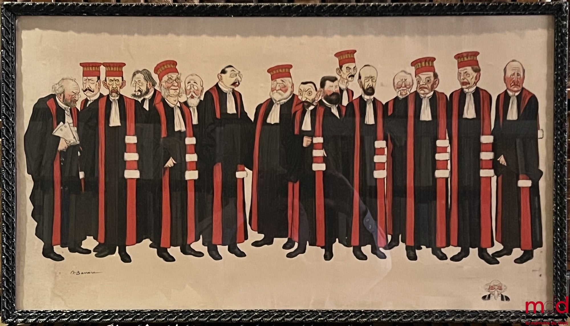 BARRÈRE (Adrien) – LITHOGRAPHIE REHAUSSÉE À LA GOUACHE SUR LE THÈME DES PROFESSEURS À LA FACULTÉ DE DROIT, représentant TOUS LES PROFESSEURS DE DROIT EN « PETIT COSTUME », Caricature