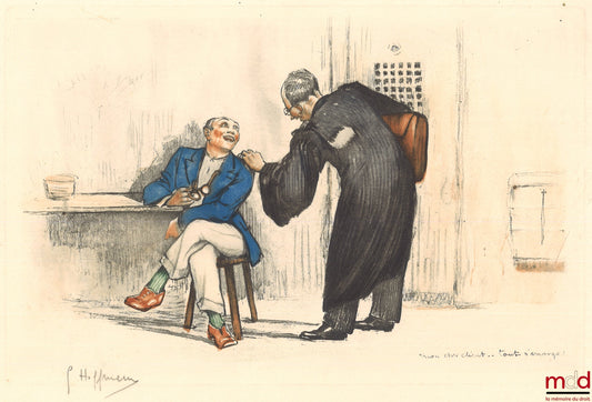 HOFFMANN (Gaston) – LITHOGRAPHIE COULEUR représentant un avocat concluant sa discussion avec un riche client dans une geôle et prononçant ces mots : « mon cher client… tout s’arrange ! »
