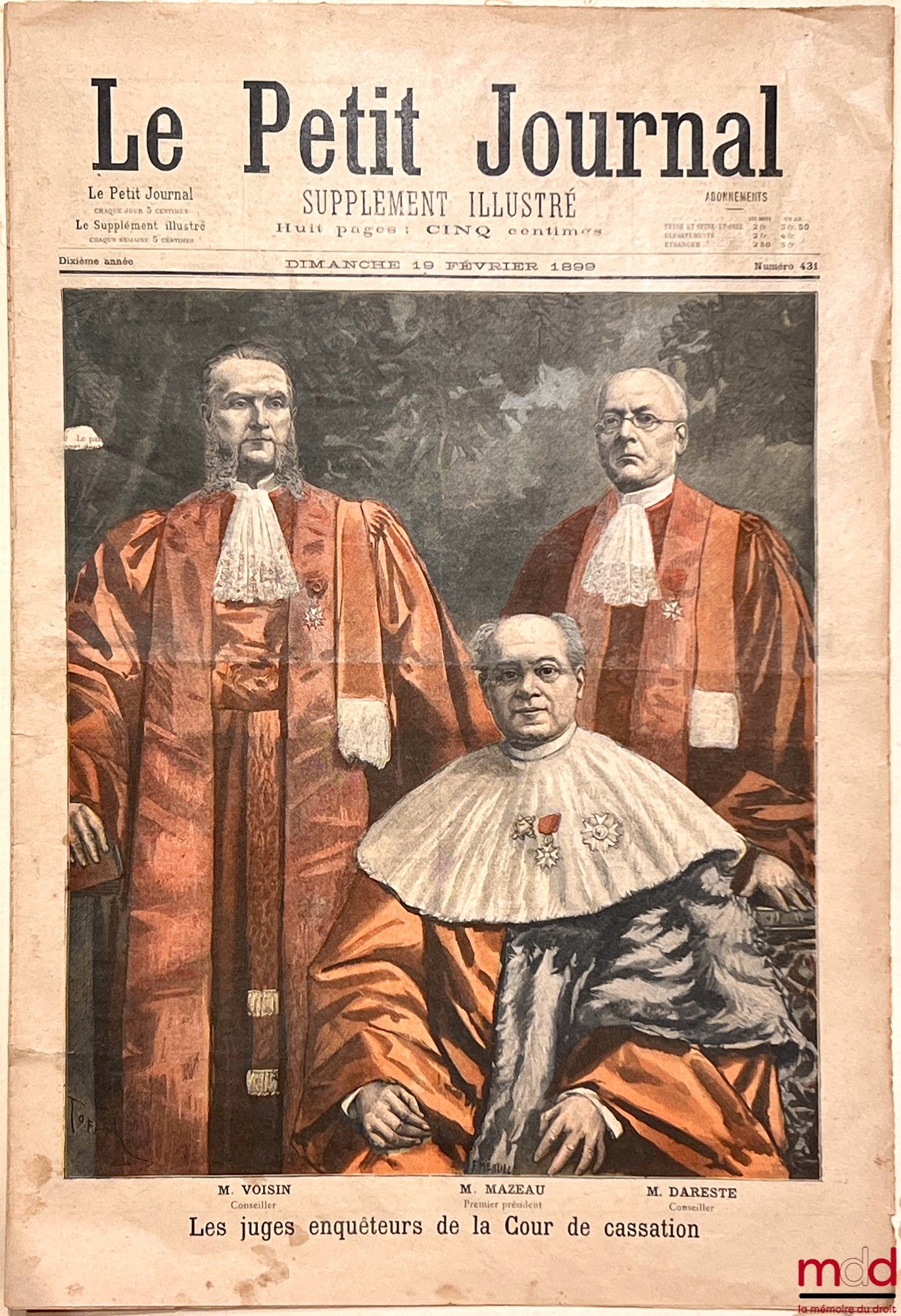 [Cour de cassation] – LES JUGES ENQUÊTEURS DE LA COUR DE CASSATION, M. Loew (Président), M. Manau (Procureur général) et M. Chambareaud (Rapporteur), Le Petit Journal, n° 387 du dimanche 17 avril 1898, supplément illustré