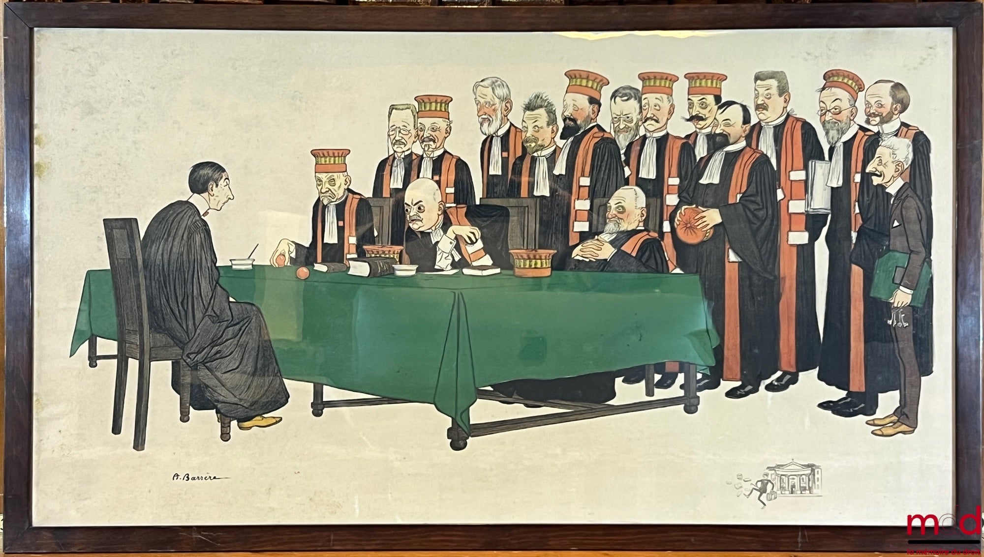 BARRÈRE (Adrien) – LITHOGRAPHIES REHAUSSÉE À LA GOUACHE SUR LE THÈME DES PROFESSEURS À LA FACULTÉ DE DROIT, représentant UN ÉTUDIANT SOUTENANT SA THÈSE DEVANT UN JURY DE PROFESSEURS DE DROIT, Caricature, [nous fournissons le nom des professeurs caricaturé
