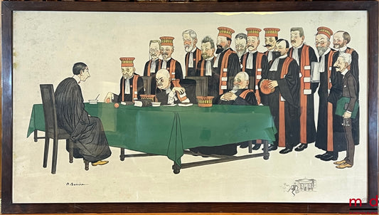 BARRÈRE (Adrien) – LITHOGRAPHIES REHAUSSÉE À LA GOUACHE SUR LE THÈME DES PROFESSEURS À LA FACULTÉ DE DROIT, représentant UN ÉTUDIANT SOUTENANT SA THÈSE DEVANT UN JURY DE PROFESSEURS DE DROIT, Caricature, [nous fournissons le nom des professeurs caricaturé