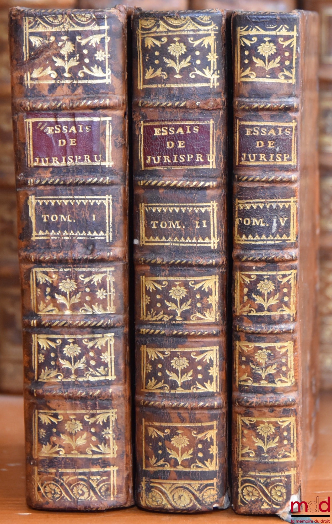 HUERNE DE LA MOTHE (François Charles) – ESSAIS DE JURISPRUDENCE Sur toutes formes de sujets Questions de Droit civil & Canonique, Points de Coutume & Matières Ecclésiastiques, (t. I, II, III & V, mq. t. IV)