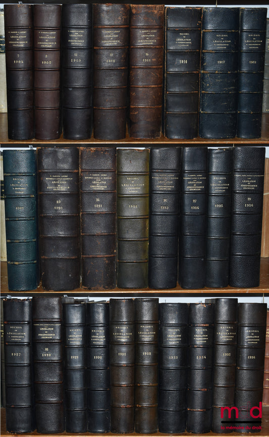 [Droit colonial] – RECUEIL DE LÉGISLATION, DE DOCTRINE ET DE JURISPRUDENCE COLONIALE dirigé par P. Dareste, G. Appert et Max. Legendre, de 1904 (t. VII) à 1936 [mq. 7 années]