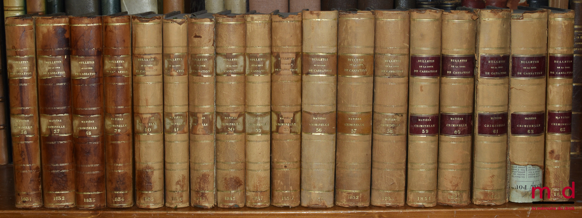 [Cour de Cassation] – BULLETIN DES ARRÊTS DE LA COUR DE CASSATION RENDUS EN MATIÈRE CRIMINELLE, de 1831 à 1936 [mq. 11 années] ; Tables 1798-1856 (1 vol.) ; 1857-1873 (2 vol.)