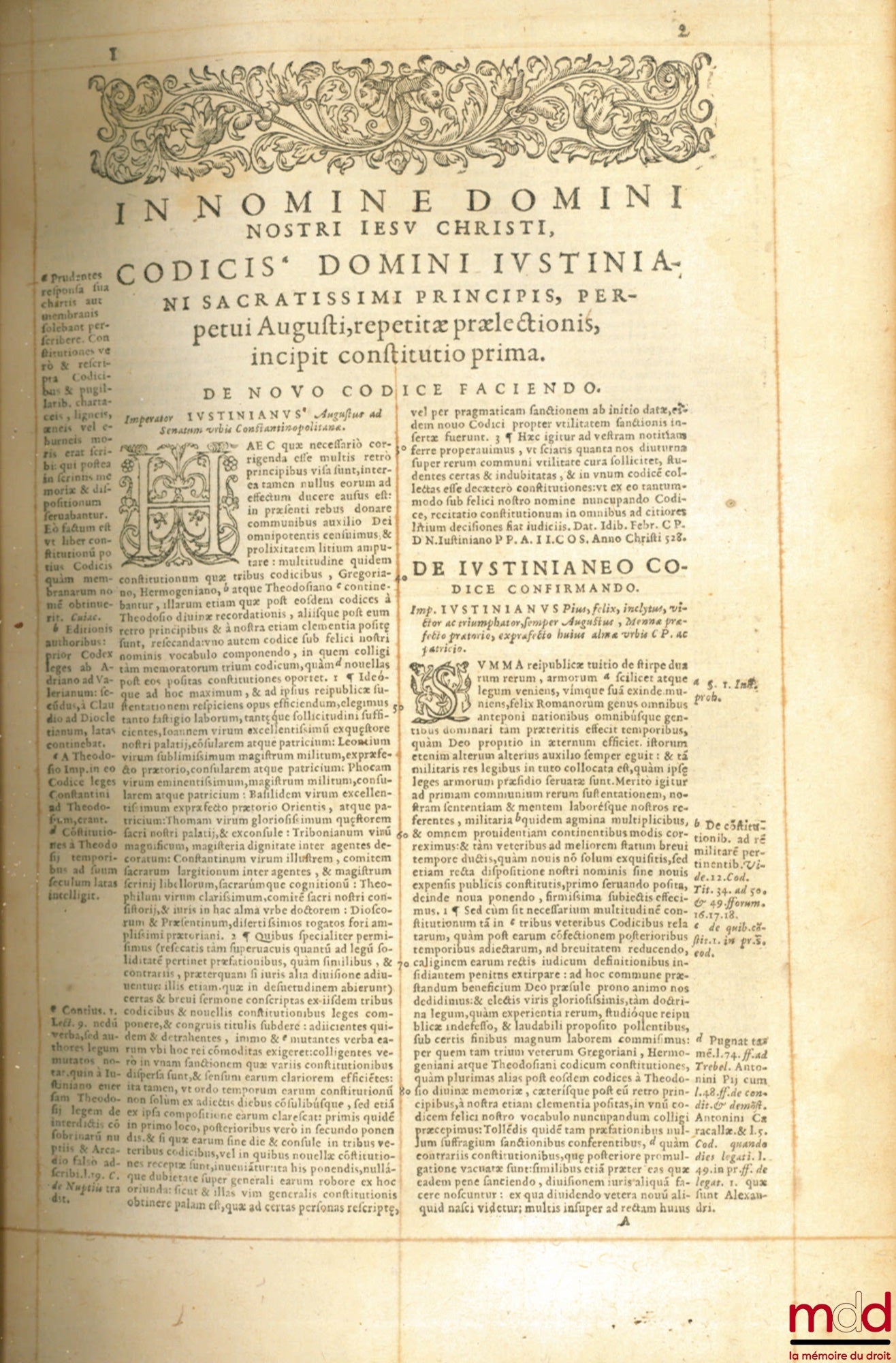GOTHOFREDUS (Denis) – CORPUS JURIS CIVILIS IN IIII. PARTES DISTINCTUM : QUARUM PRIMA, DN. sacratissimi principis Justiniani. INSTITUTIONUM lib. iiii. DIGESTORUM SEU PANDECTARUM lib. l continentur. Que reliquis partibus includantur, auersa docebit pagina H