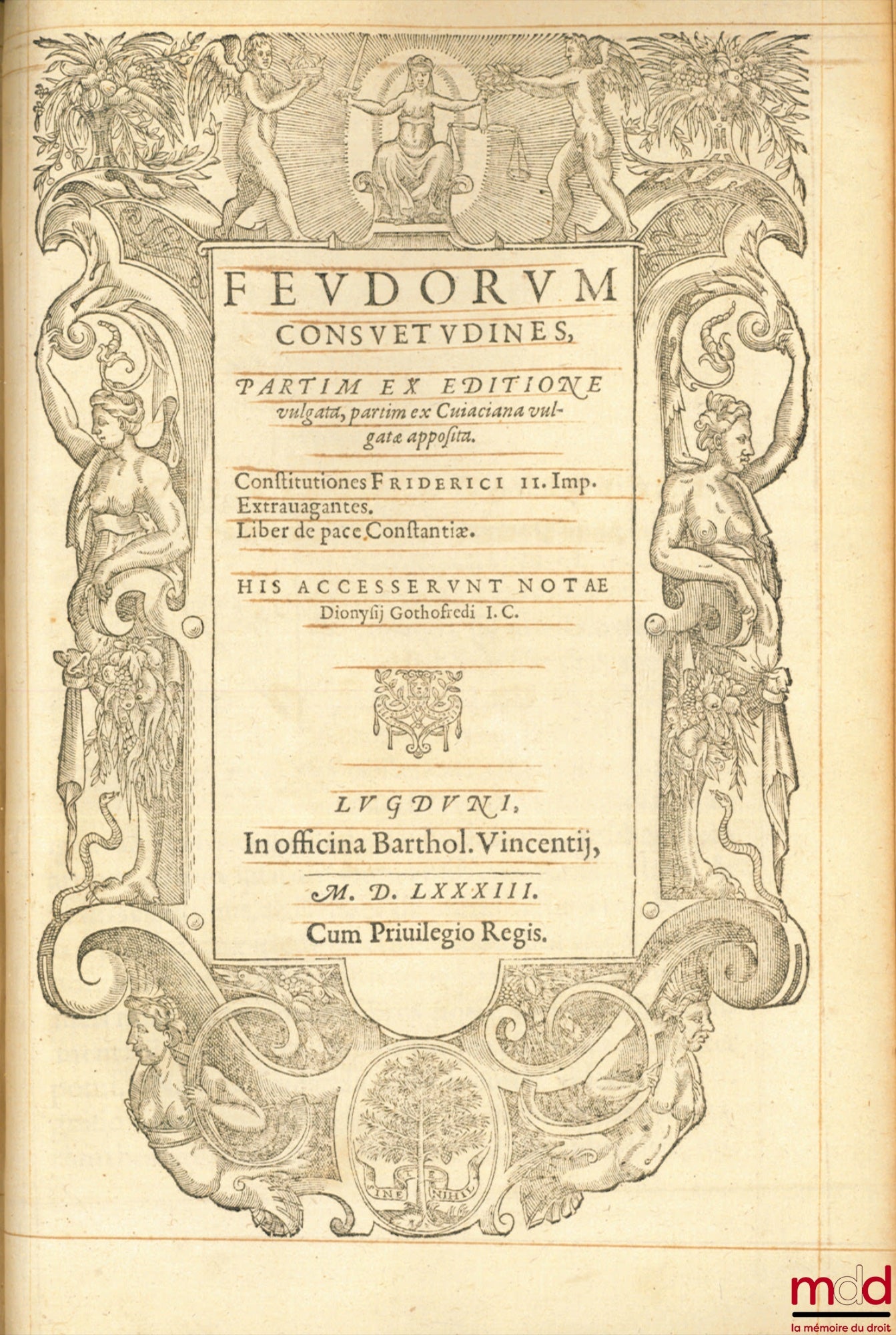 GOTHOFREDUS (Denis) – CORPUS JURIS CIVILIS IN IIII. PARTES DISTINCTUM : QUARUM PRIMA, DN. sacratissimi principis Justiniani. INSTITUTIONUM lib. iiii. DIGESTORUM SEU PANDECTARUM lib. l continentur. Que reliquis partibus includantur, auersa docebit pagina H