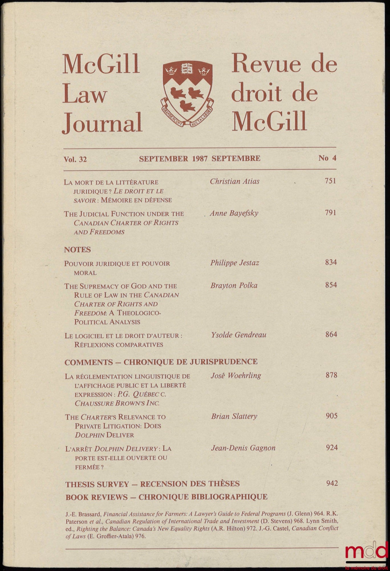 [Périodique] – MCGILL LAW JOURNAL / REVUE DE DROIT DE MCGILL, septembre 1987, vol. 32, n° 4