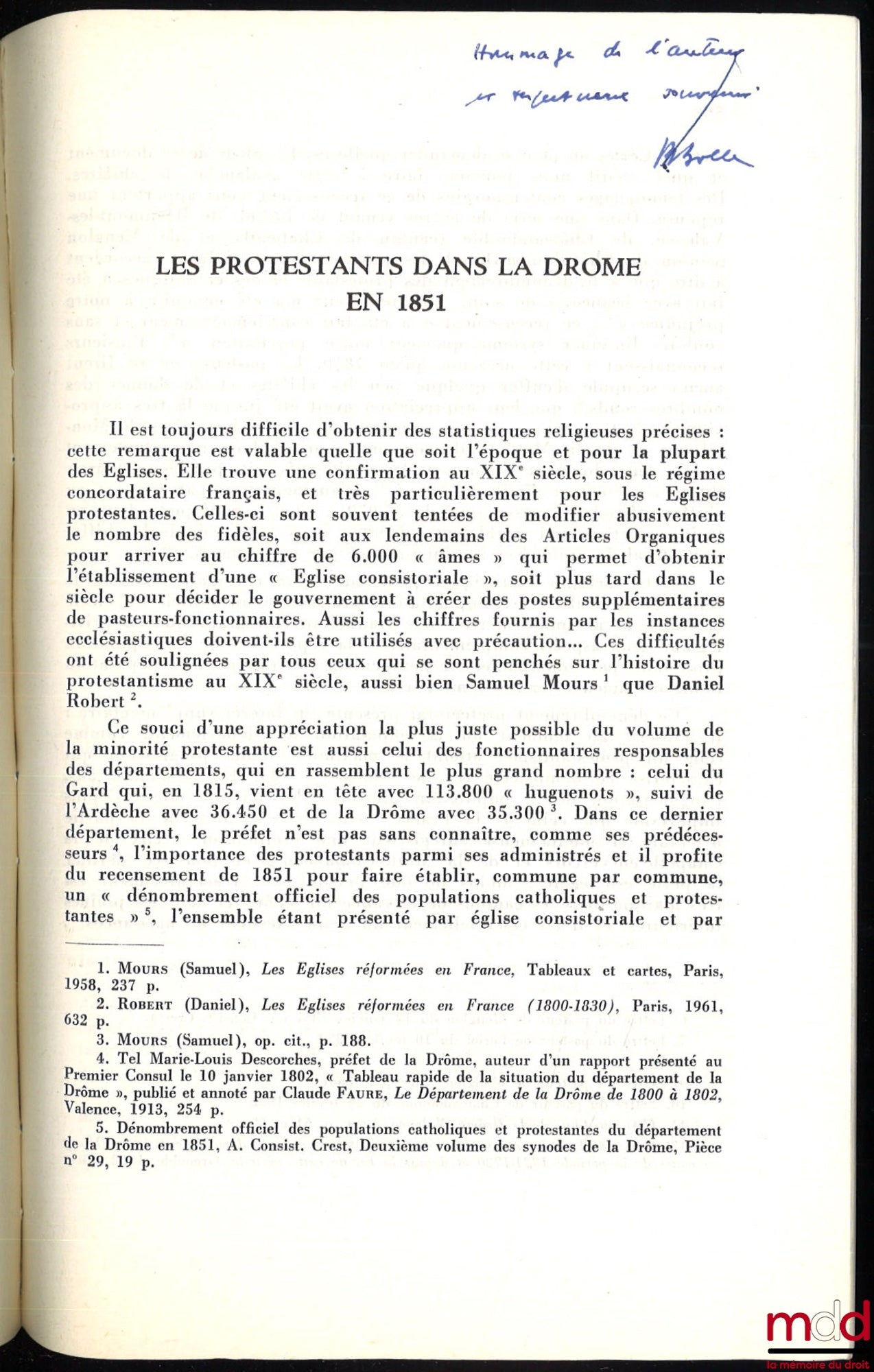 BOLLE (Pierre) – LES PROTESTANTS DANS LA DRÔME EN 1851, extrait des Mélanges André Latreille