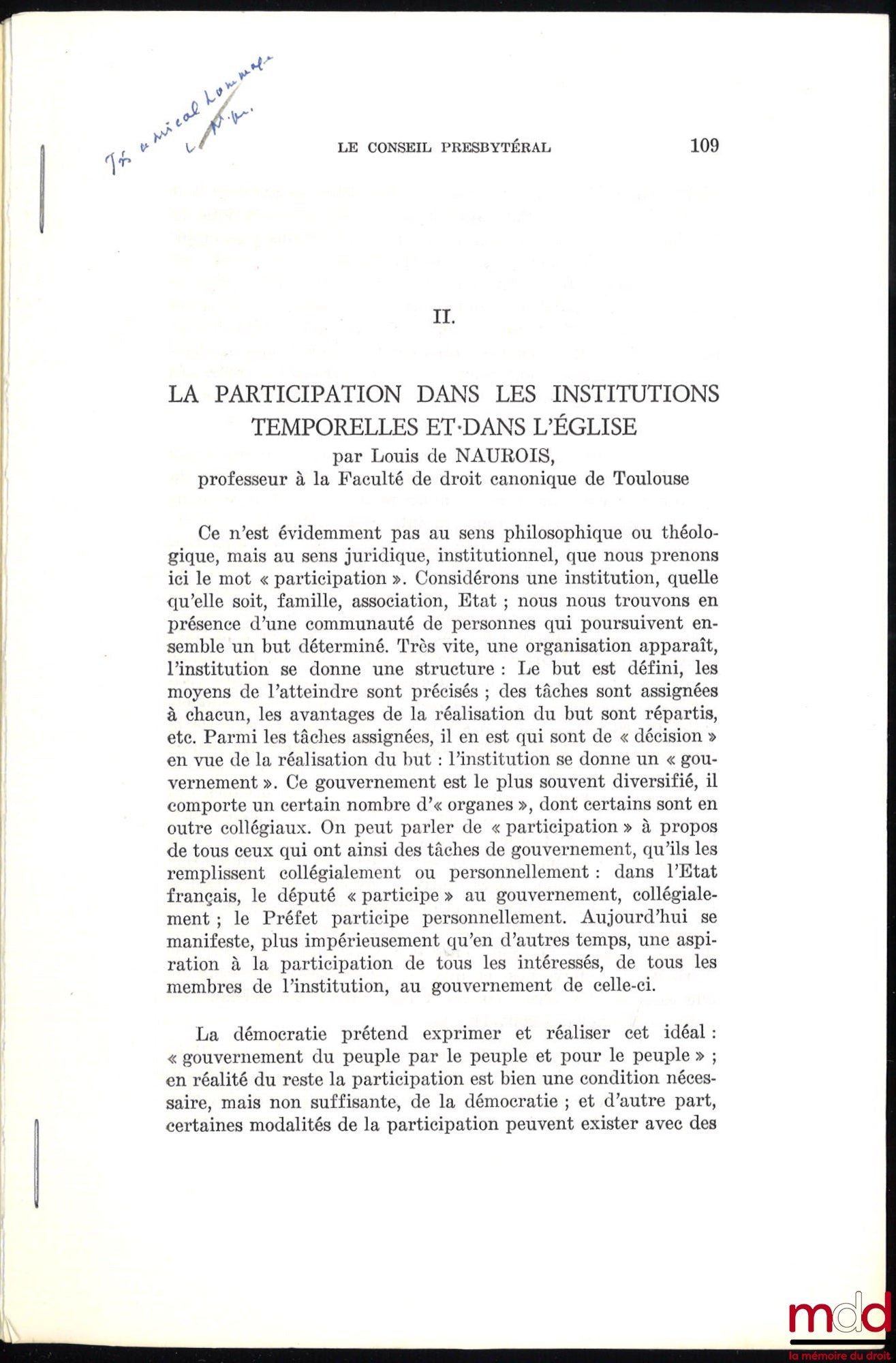 NAUROIS (Louis de) – LE CONSEIL PRESBYTÉRAL, extrait de la Revue de droit canonique, juin 1970, t. XX