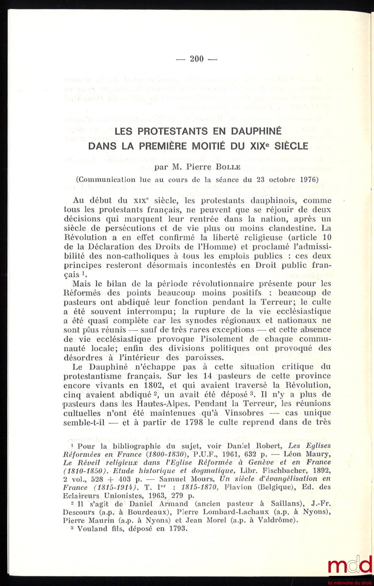 BOLLE (Pierre) – LES PROTESTANTS EN DAUPHINÉ DANS LA PREMIÈRE MOITIÉ DU XIXème SIÈCLE, Bulletin mensuel de l’Académie Delphinale, décembre 1976
