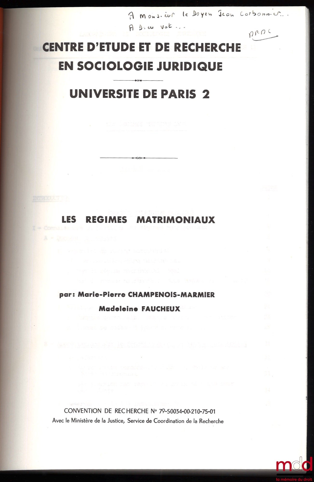 CHAMPENOIS-MARMIER (Marie-Pierre) et FAUCHEUX (Madeleine) – LES RÉGIMES MATRIMONIAUX, Centre d’étude et de recherche en Sociologie juridique, Université Paris 2