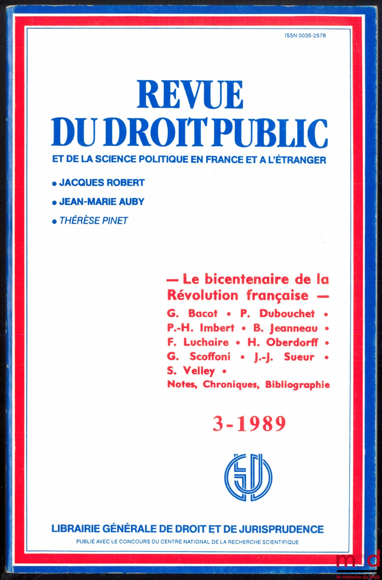 [Révolution] – LE BICENTENAIRE DE LA RÉVOLUTION, Revue de Droit Public n° 3/1989