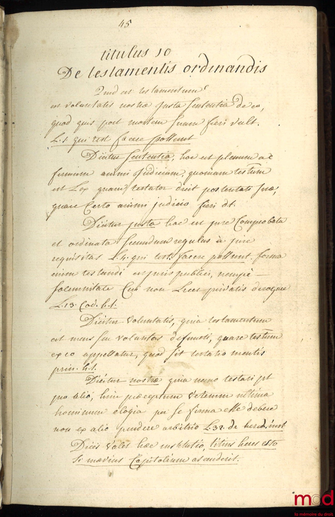 [Manuscrit - Institutes de Justinien] – INSTITUTES LIBER 20, TOMUS TERTIUS,  [INSTITUTES DE JUSTINIEN, Livre II : Titulus 10 De testamentis ordinandis [De la manière de faire des testamens] à Titulus 22 De lege falcidia [De la Loi Falcidia]]