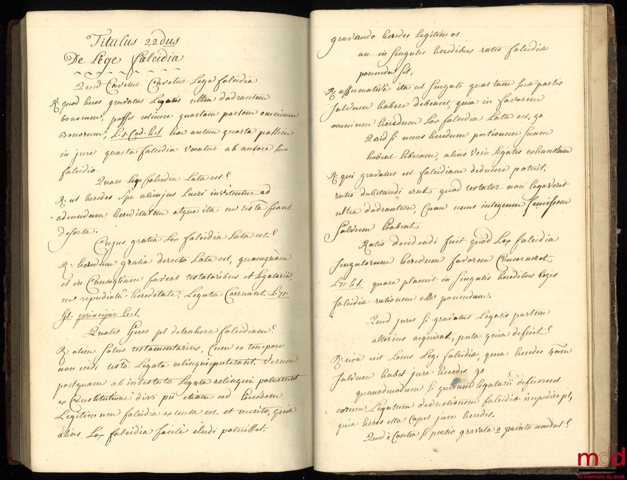[Manuscrit - Institutes de Justinien] – INSTITUTES LIBER 20, TOMUS TERTIUS,  [INSTITUTES DE JUSTINIEN, Livre II : Titulus 10 De testamentis ordinandis [De la manière de faire des testamens] à Titulus 22 De lege falcidia [De la Loi Falcidia]]