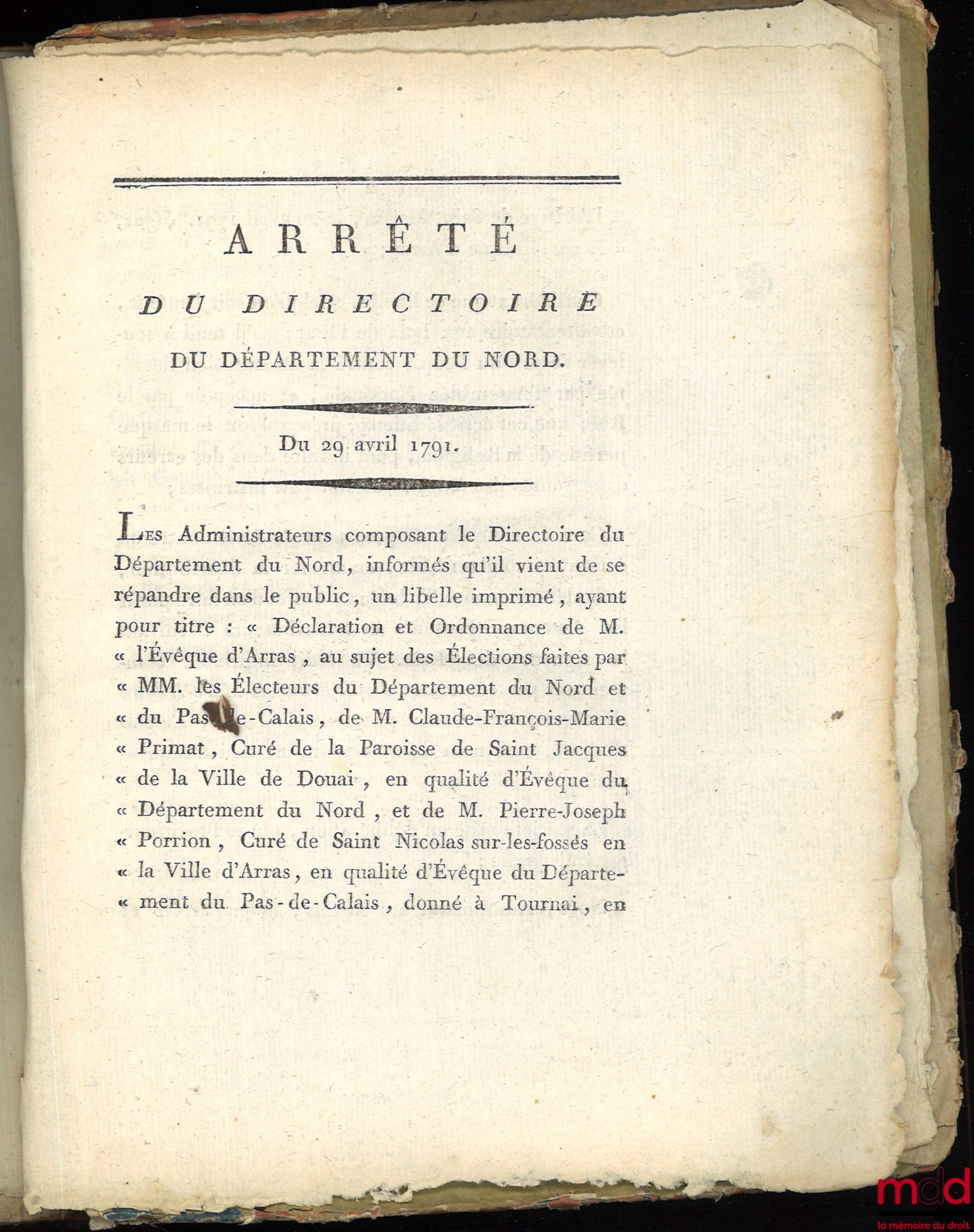 [Révolution] – RECUEIL DE LOIS, PROCLAMATIONS DU ROI ET DE LA LETTRE PASTORALE DE MONSIEUR L’ÉVÊQUE DU DÉPARTEMENT DU NORD D 2 MARS AU 27 AVRIL 1791