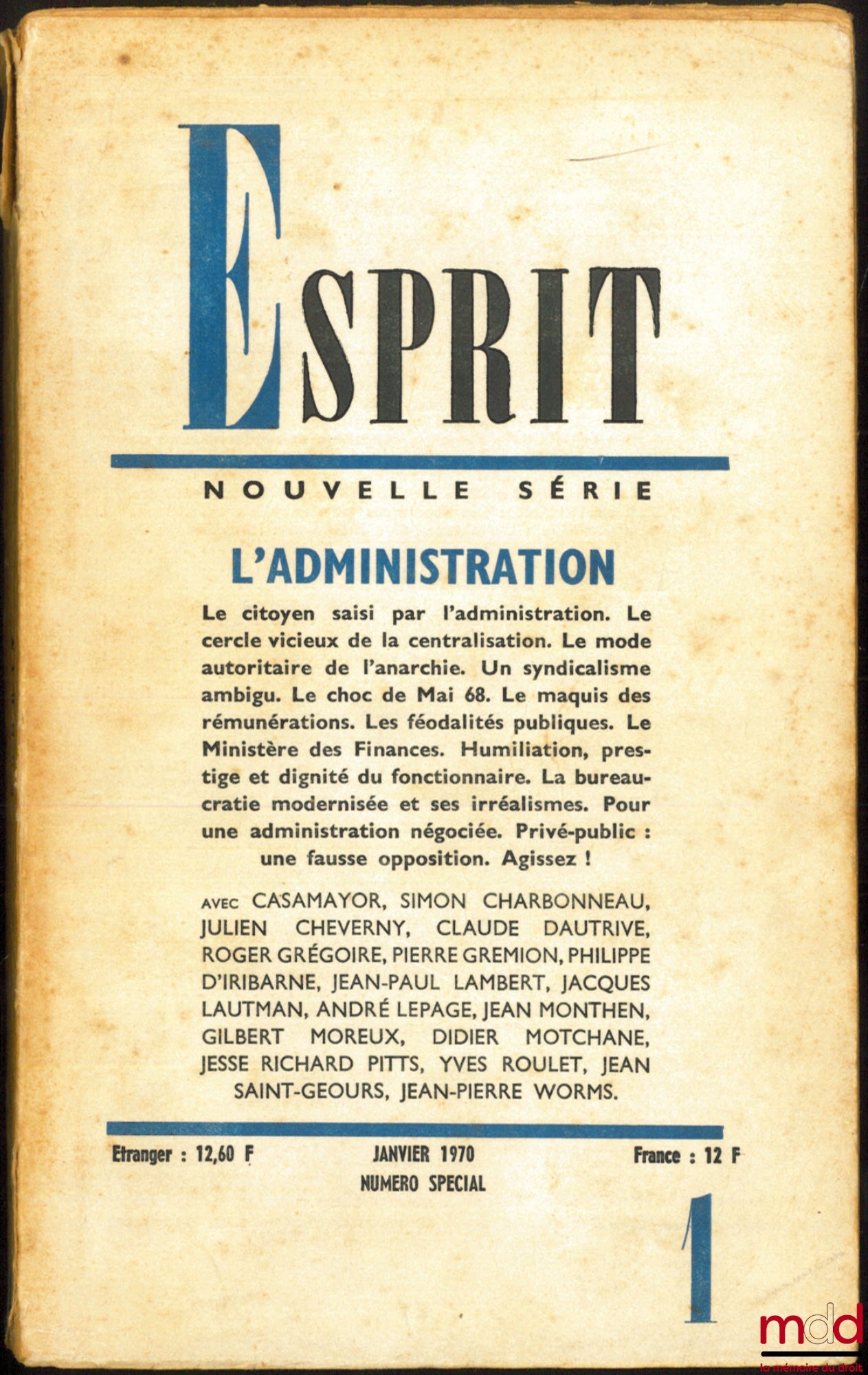 [Revue ESPRIT] – L’ADMINISTRATION, Revue Esprit, nouvelle série n° 1, janv. 1970