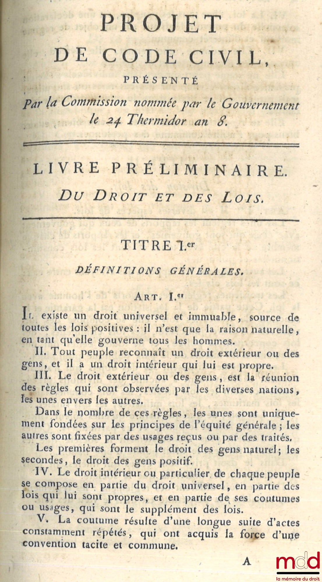 [Code civil] – PROJET DE CODE CIVIL PRÉSENTÉ PAR LA COMMISSION NOMMÉE PAR LE GOUVERNEMENT LE 24 THERMIDOR AN VIII