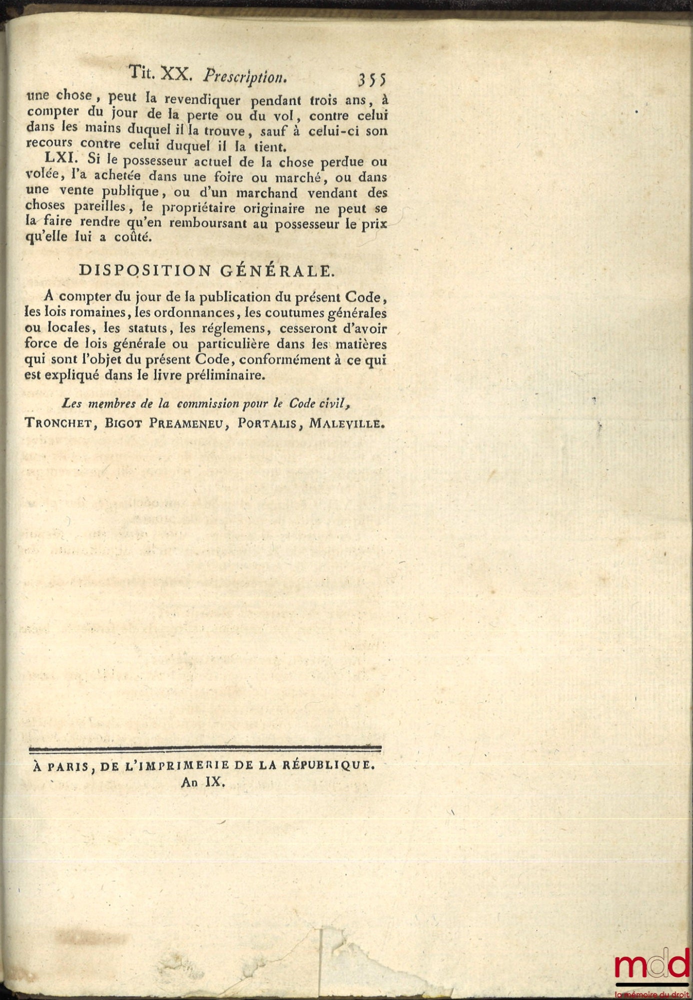 [Code civil] – PROJET DE CODE CIVIL PRÉSENTÉ PAR LA COMMISSION NOMMÉE PAR LE GOUVERNEMENT LE 24 THERMIDOR AN VIII