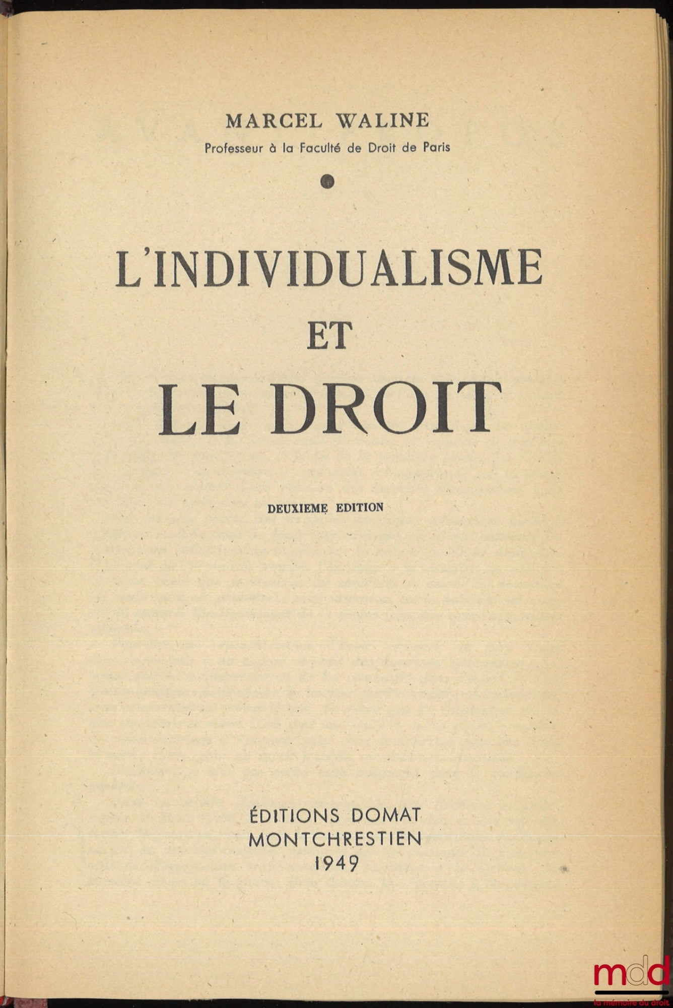 WALINE (Marcel) – L’INDIVIDUALISME ET LE DROIT