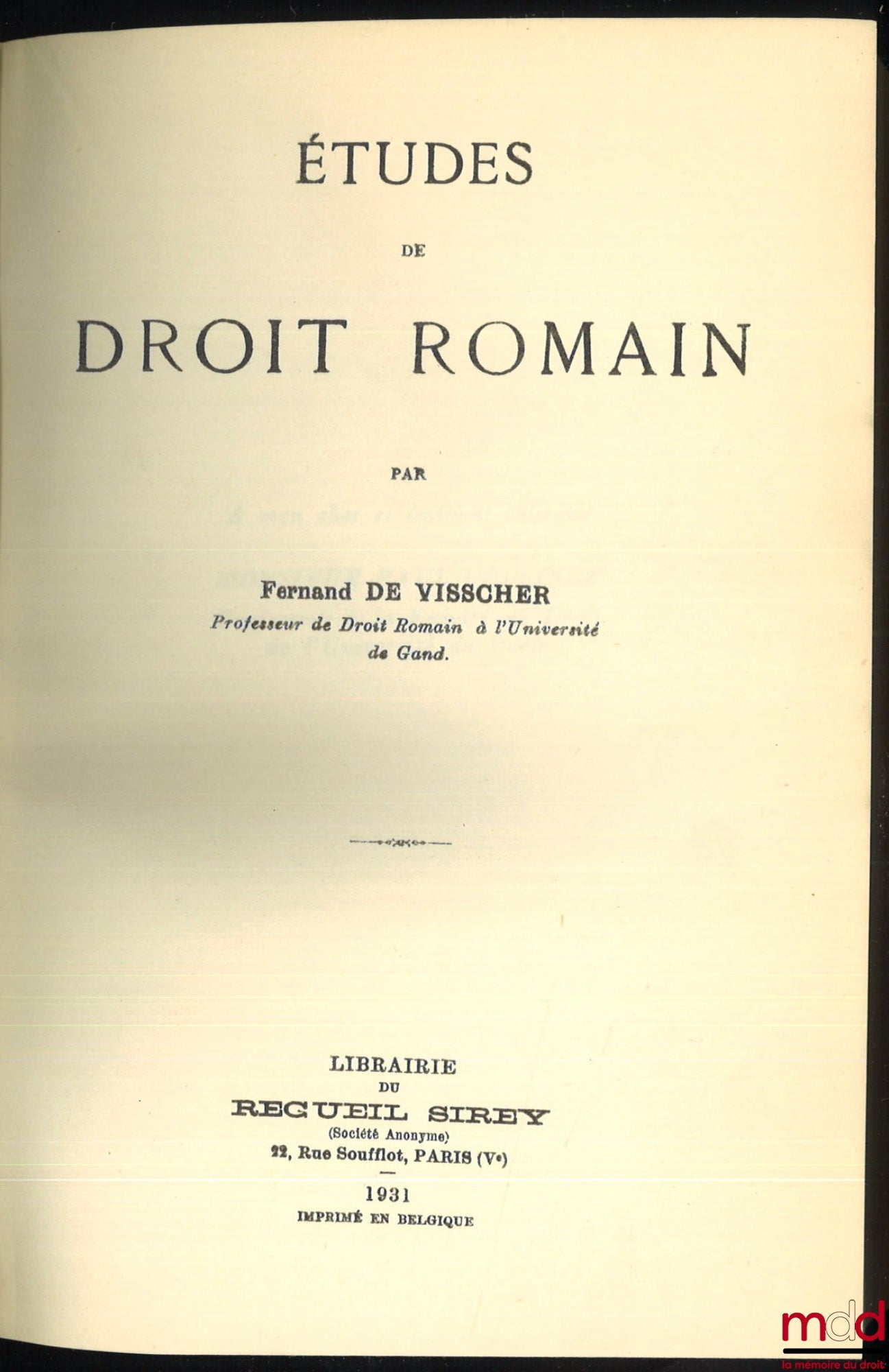 VISSCHER (Fernand de) – ÉTUDE DE DROIT ROMAIN