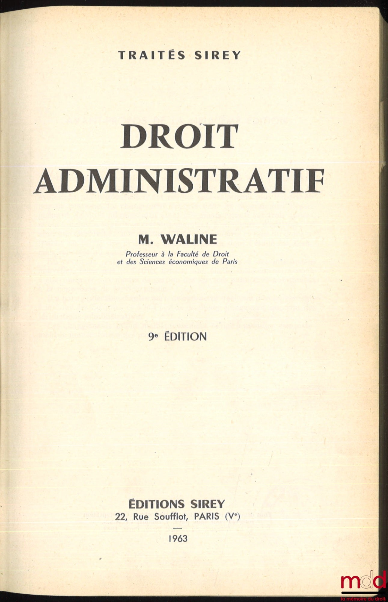 WALINE (Marcel) – DROIT ADMINISTRATIF, 9e éd., coll. Traités Sirey