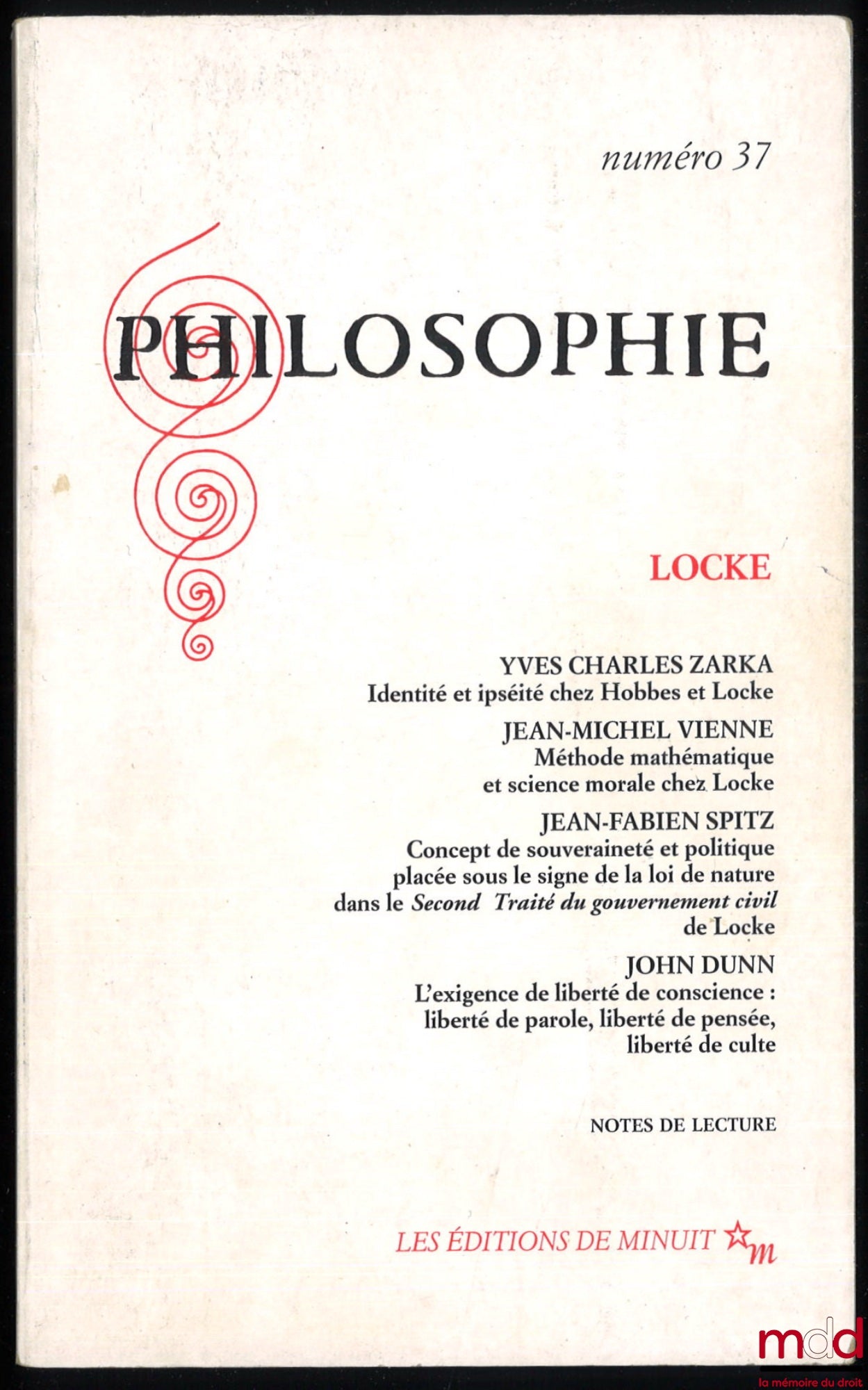[Locke] – PHILOSOPHIE. LOCKE, revue trimestrielle n° 37, hiver 1993