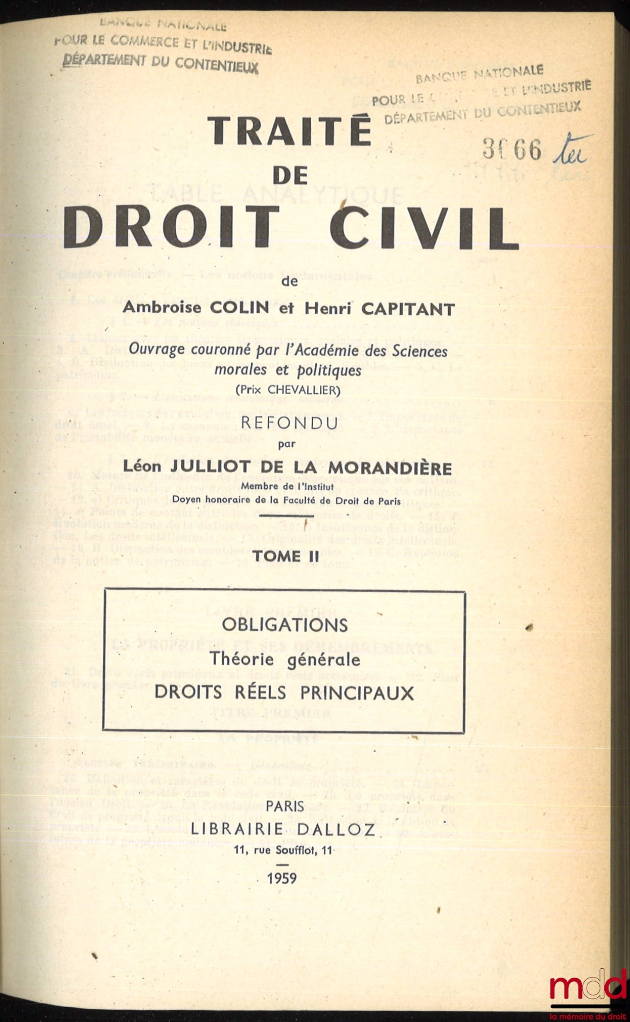 COLIN (Ambroise), CAPITANT (Henri) et JULLIOT DE LA MORANDIÈRE (Léon) – TRAITÉ DE DROIT CIVIL de A. C. et H. C. refondu par L. Julliot de la Morandière