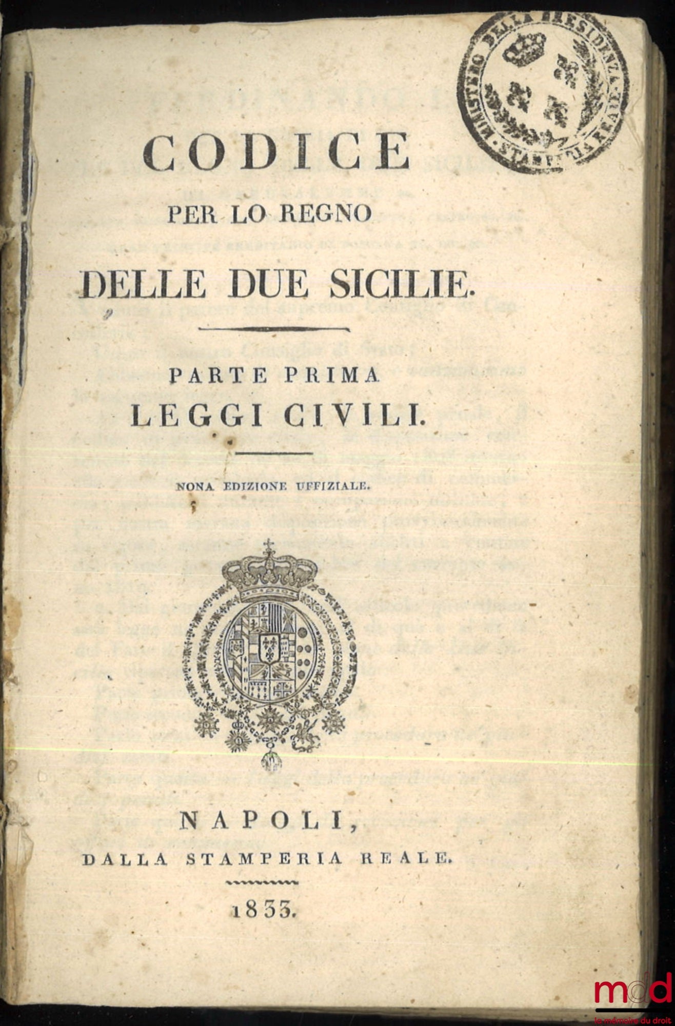 CODICE PER LO REGNO DELLE DUE SICILIE. PARTE PRIMA LEGGI CIVILI