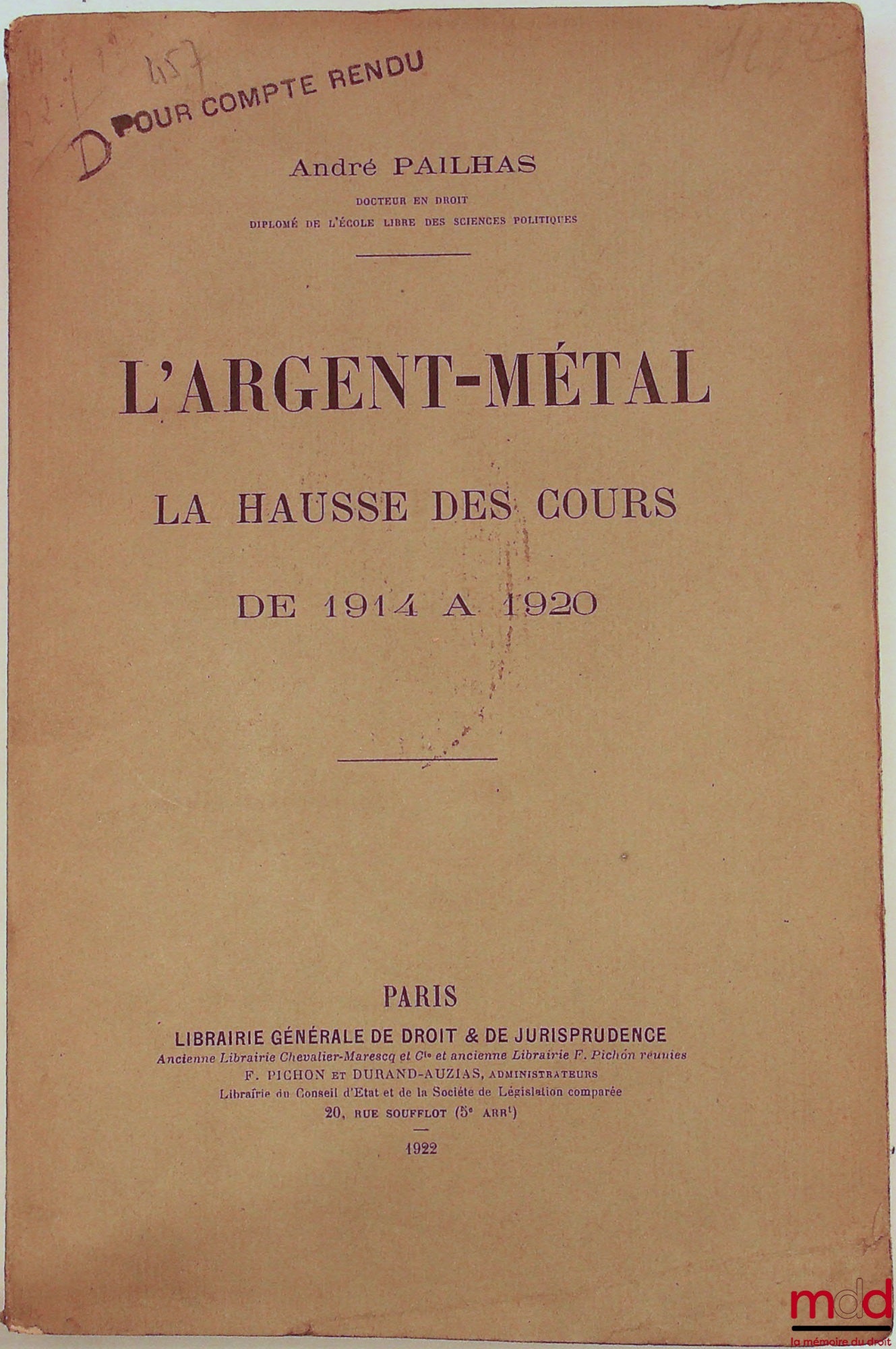 PAILHAS (André) – SILVER, The rise in prices from 1914 to 1920